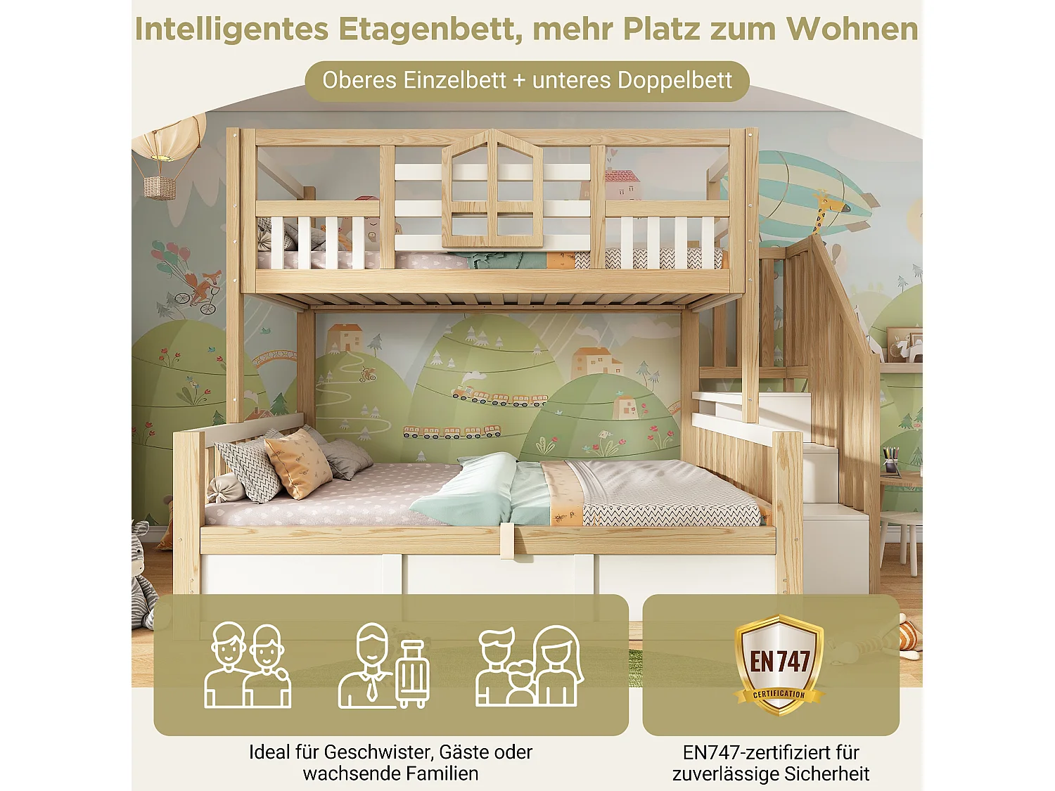 Kinderetagenbett – 90 x 200 + 140 x 200 cm – mit Leiter und Stauraum + hydraulischer Truhe – Holz – Natur + Weiß