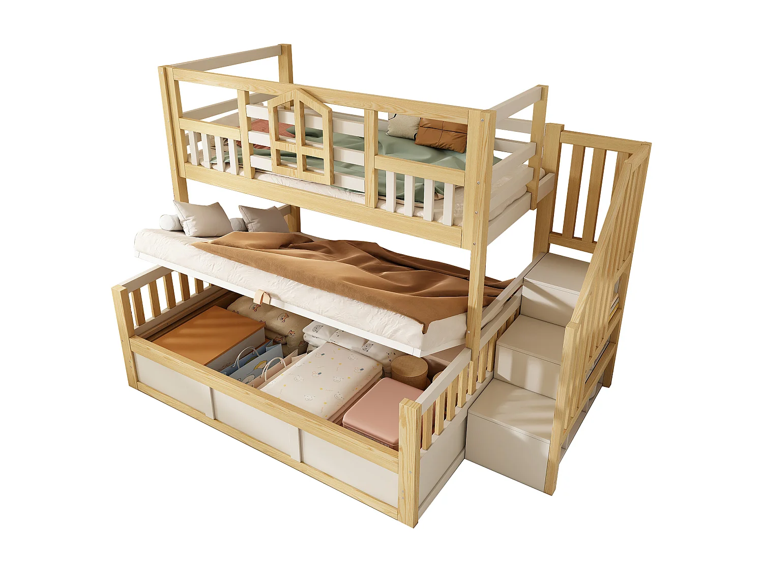 Kinderetagenbett – 90 x 200 + 140 x 200 cm – mit Leiter und Stauraum + hydraulischer Truhe – Holz – Natur + Weiß