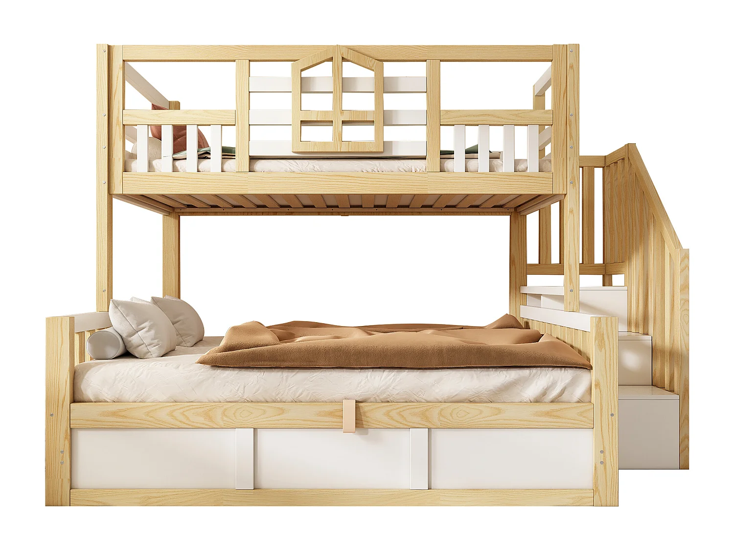 Kinderetagenbett – 90 x 200 + 140 x 200 cm – mit Leiter und Stauraum + hydraulischer Truhe – Holz – Natur + Weiß