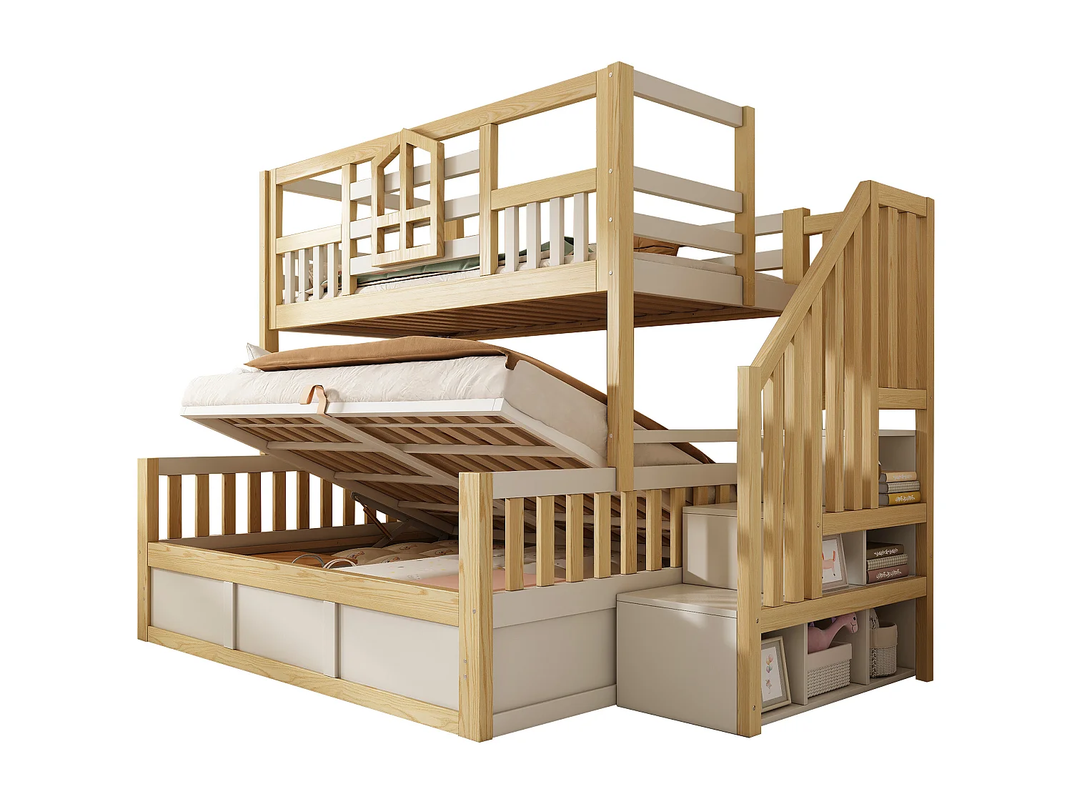 Kinderetagenbett – 90 x 200 + 140 x 200 cm – mit Leiter und Stauraum + hydraulischer Truhe – Holz – Natur + Weiß