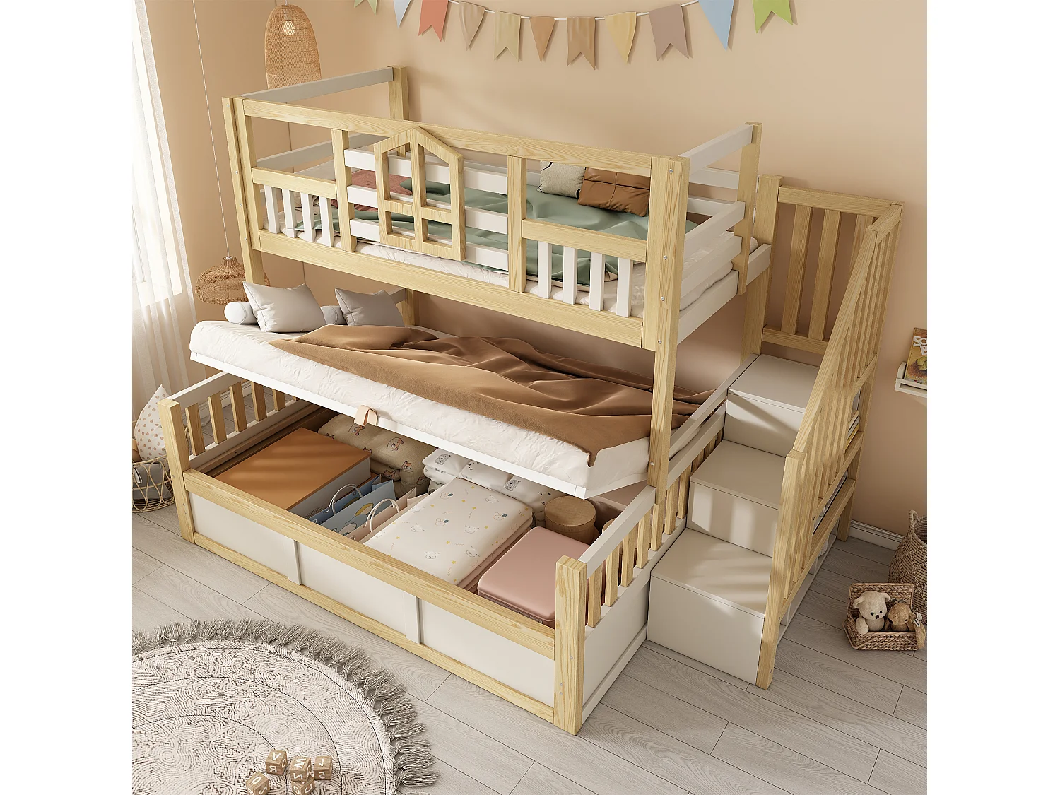 Kinderetagenbett – 90 x 200 + 140 x 200 cm – mit Leiter und Stauraum + hydraulischer Truhe – Holz – Natur + Weiß