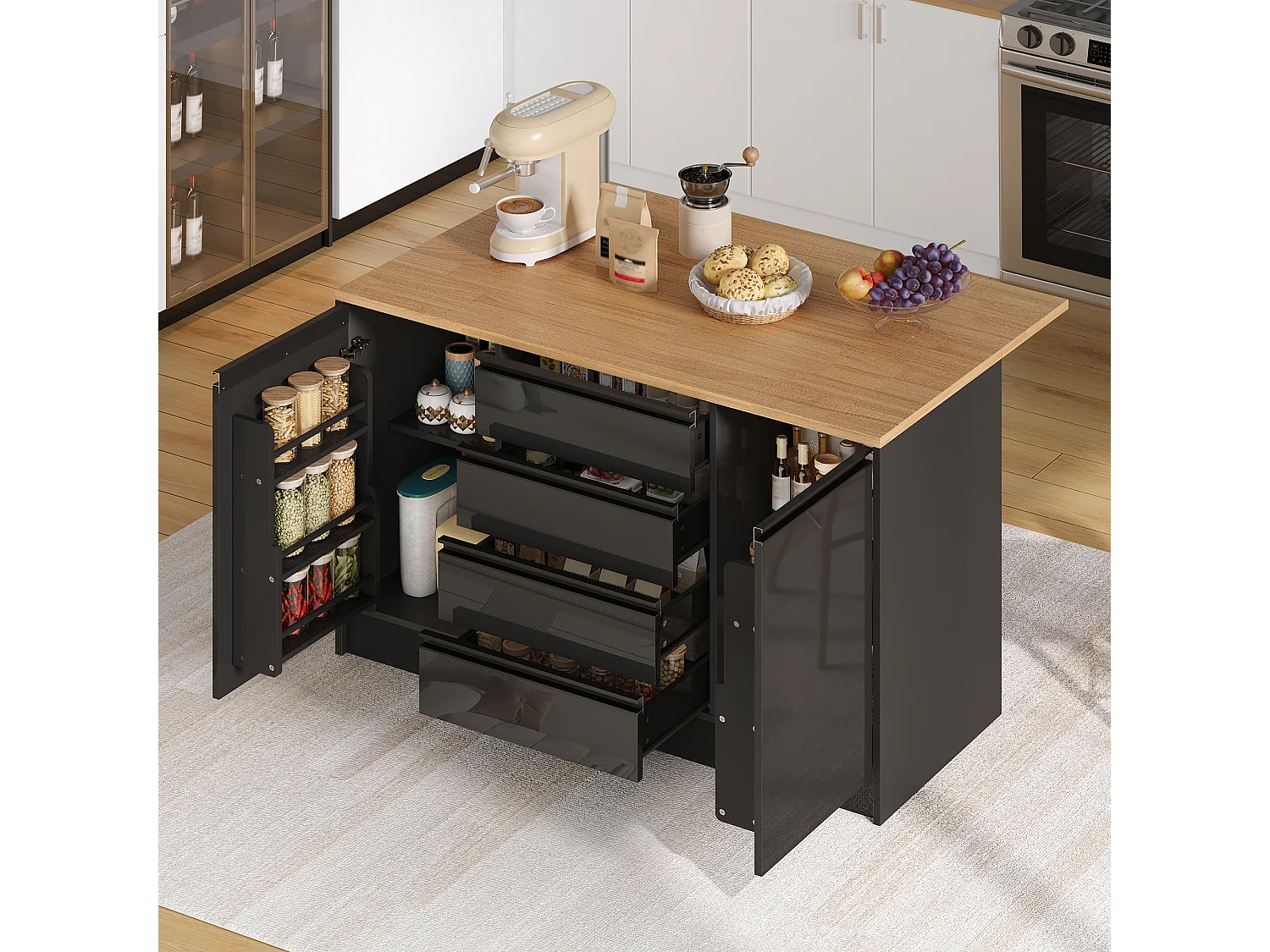 Îlot central laquées brillantes - 140 x 50/80 x 90 cm - avec plateau rabattable + 4 tiroirs + 2 portes - MDF - noir + naturel