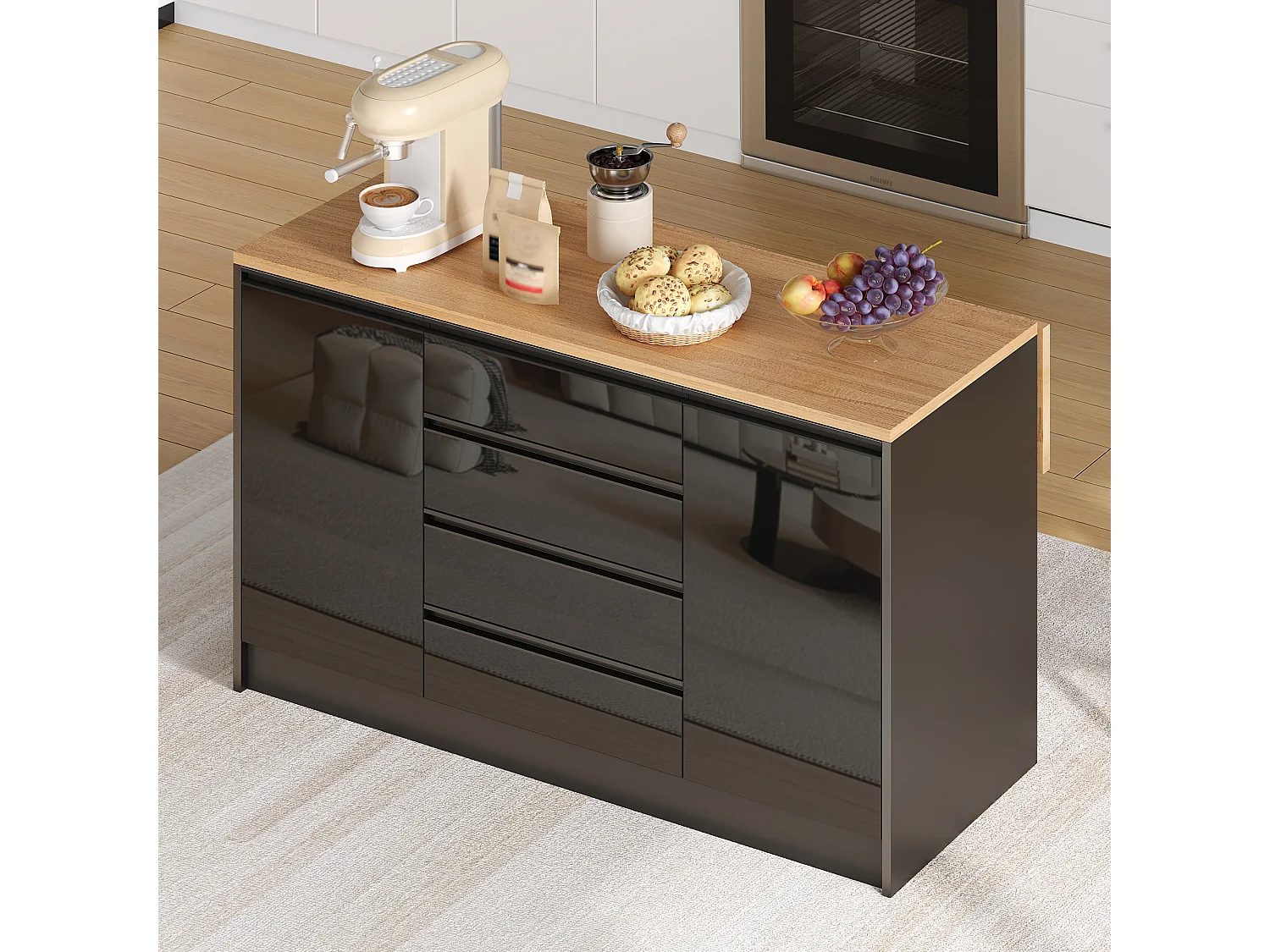 Îlot central laquées brillantes - 140 x 50/80 x 90 cm - avec plateau rabattable + 4 tiroirs + 2 portes - MDF - noir + naturel