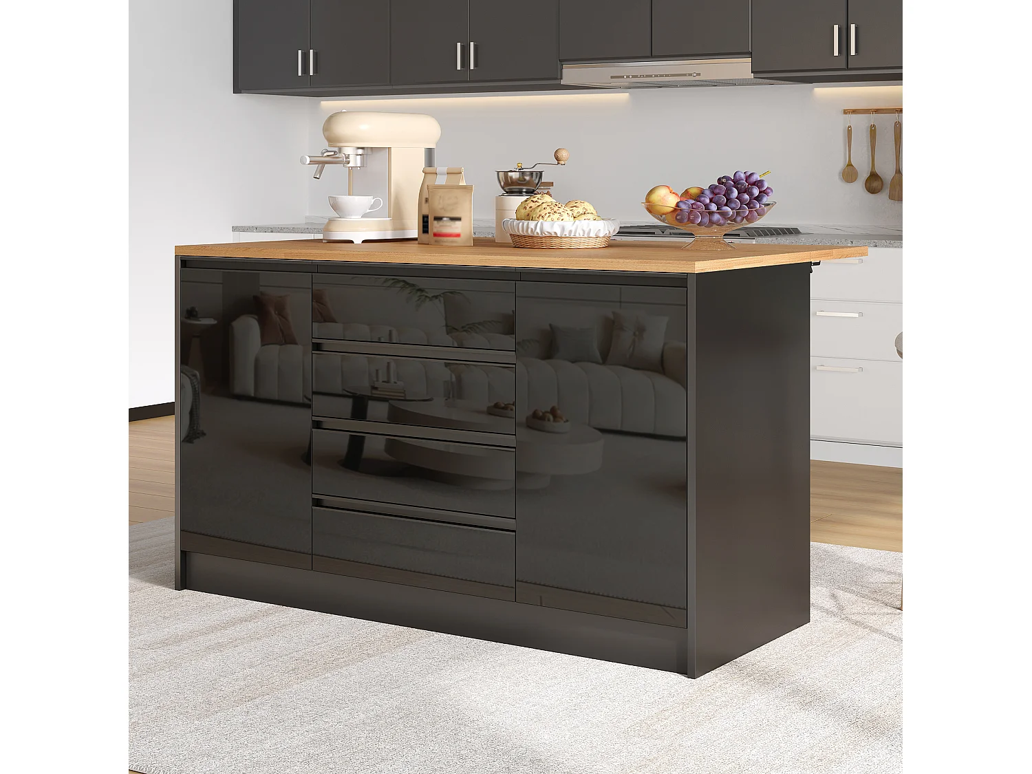 Îlot central laquées brillantes - 140 x 50/80 x 90 cm - avec plateau rabattable + 4 tiroirs + 2 portes - MDF - noir + naturel
