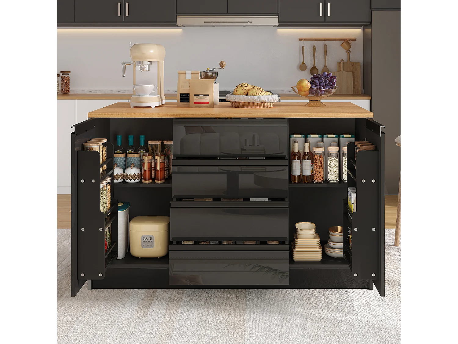 Îlot central laquées brillantes - 140 x 50/80 x 90 cm - avec plateau rabattable + 4 tiroirs + 2 portes - MDF - noir + naturel