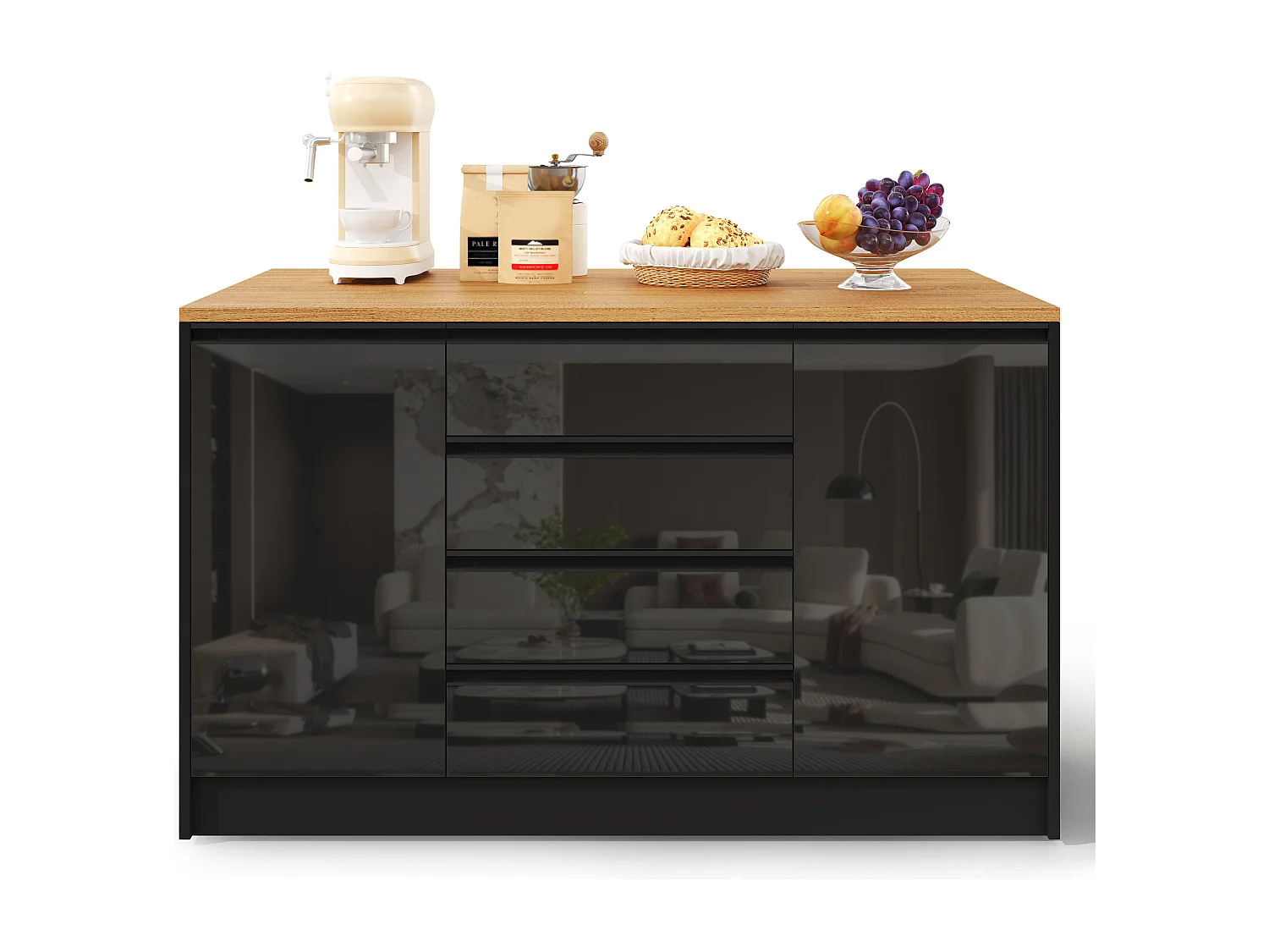 Îlot central laquées brillantes - 140 x 50/80 x 90 cm - avec plateau rabattable + 4 tiroirs + 2 portes - MDF - noir + naturel