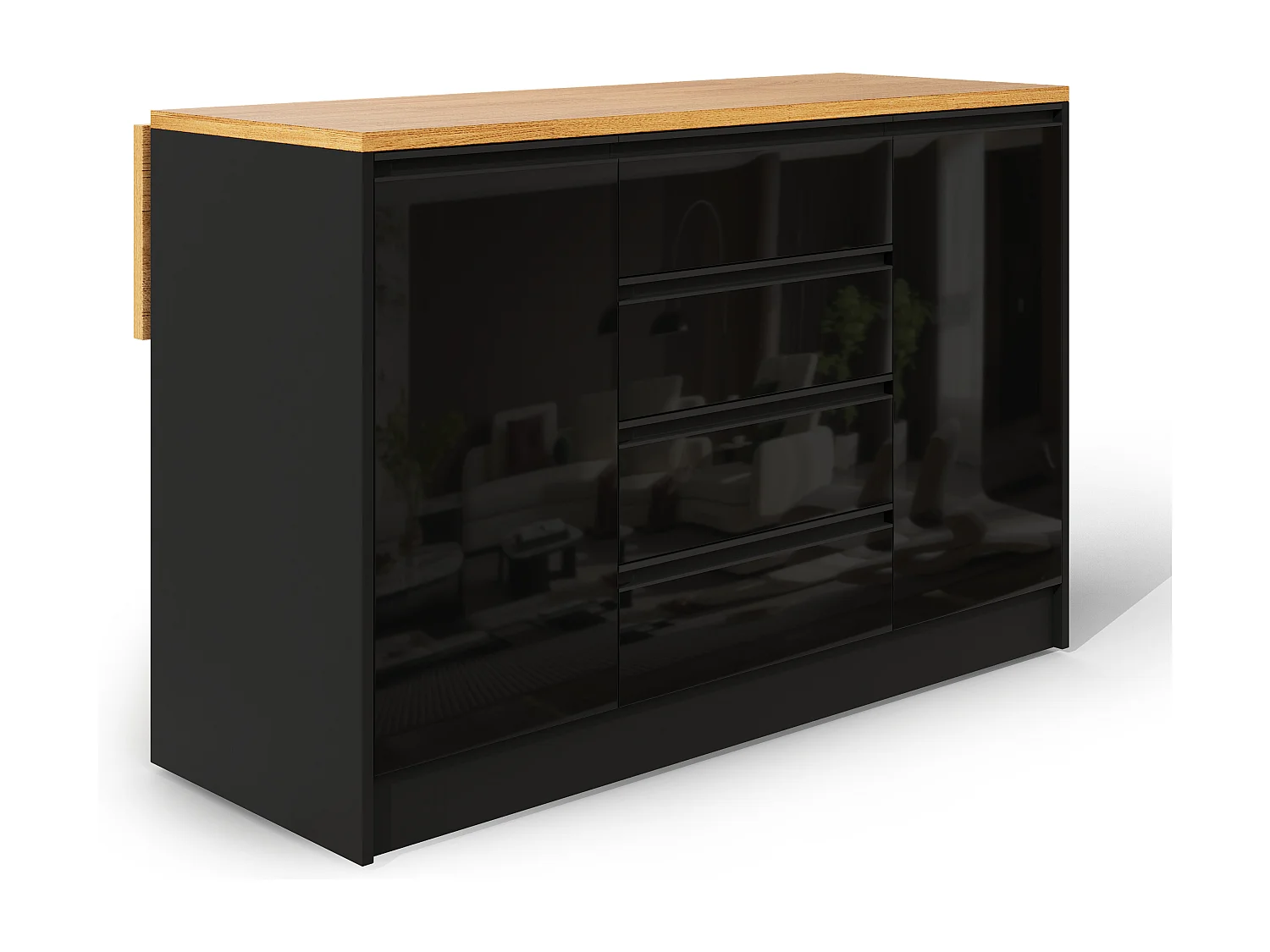 Îlot central laquées brillantes - 140 x 50/80 x 90 cm - avec plateau rabattable + 4 tiroirs + 2 portes - MDF - noir + naturel