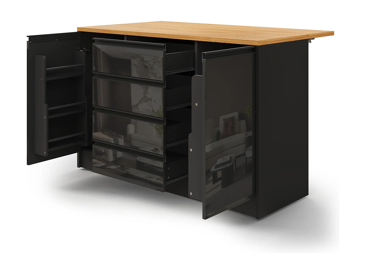 Îlot central laquées brillantes - 140 x 50/80 x 90 cm - avec plateau rabattable + 4 tiroirs + 2 portes - MDF - noir + naturel