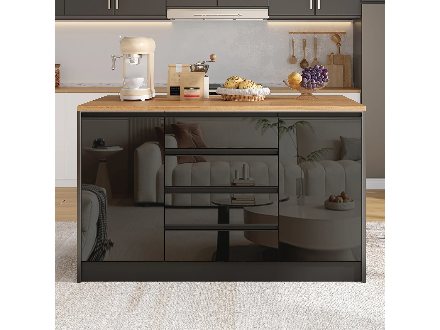 Îlot central laquées brillantes - 140 x 50/80 x 90 cm - avec plateau rabattable + 4 tiroirs + 2 portes - MDF - noir + naturel