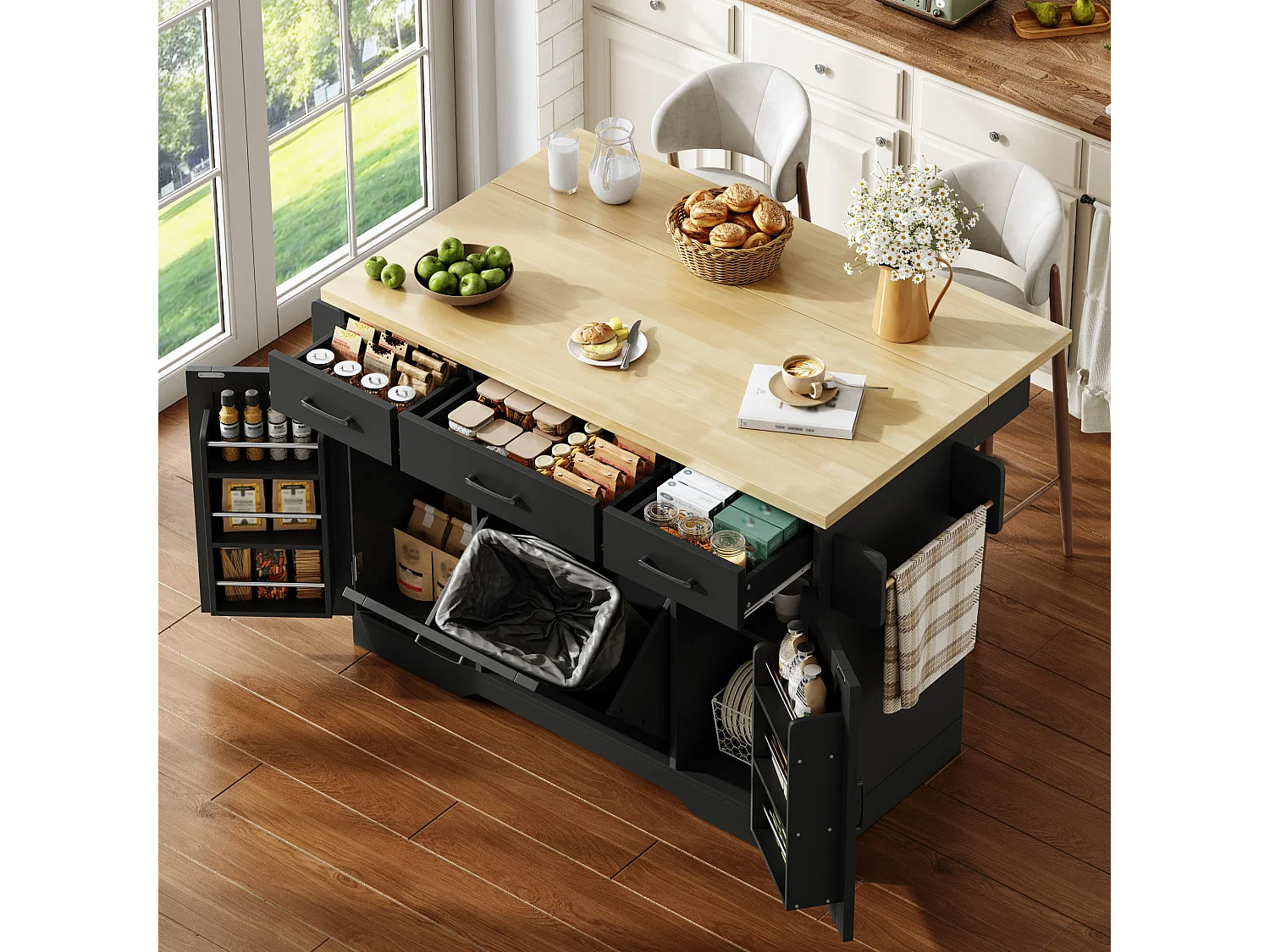 Îlot de cuisine mobile - 120 x 45/70 x 87 cm - avec plateau rabattable + tiroirs et portes - MDF - noir