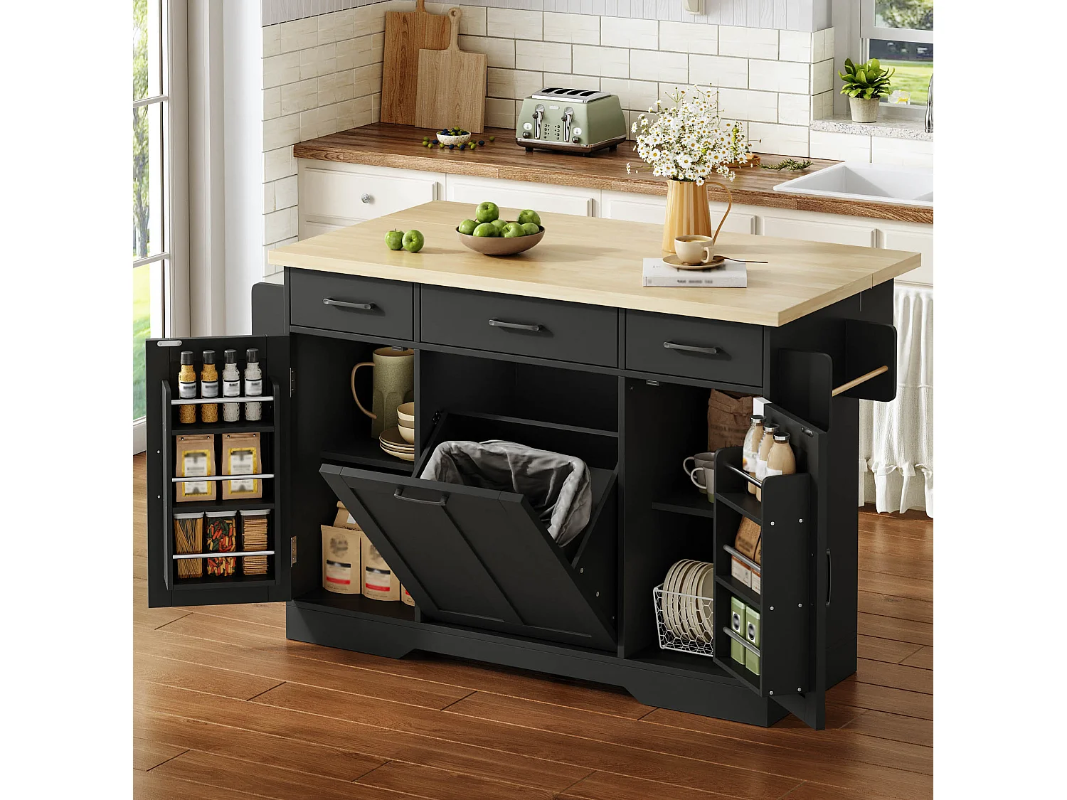 Îlot de cuisine mobile - 120 x 45/70 x 87 cm - avec plateau rabattable + tiroirs et portes - MDF - noir