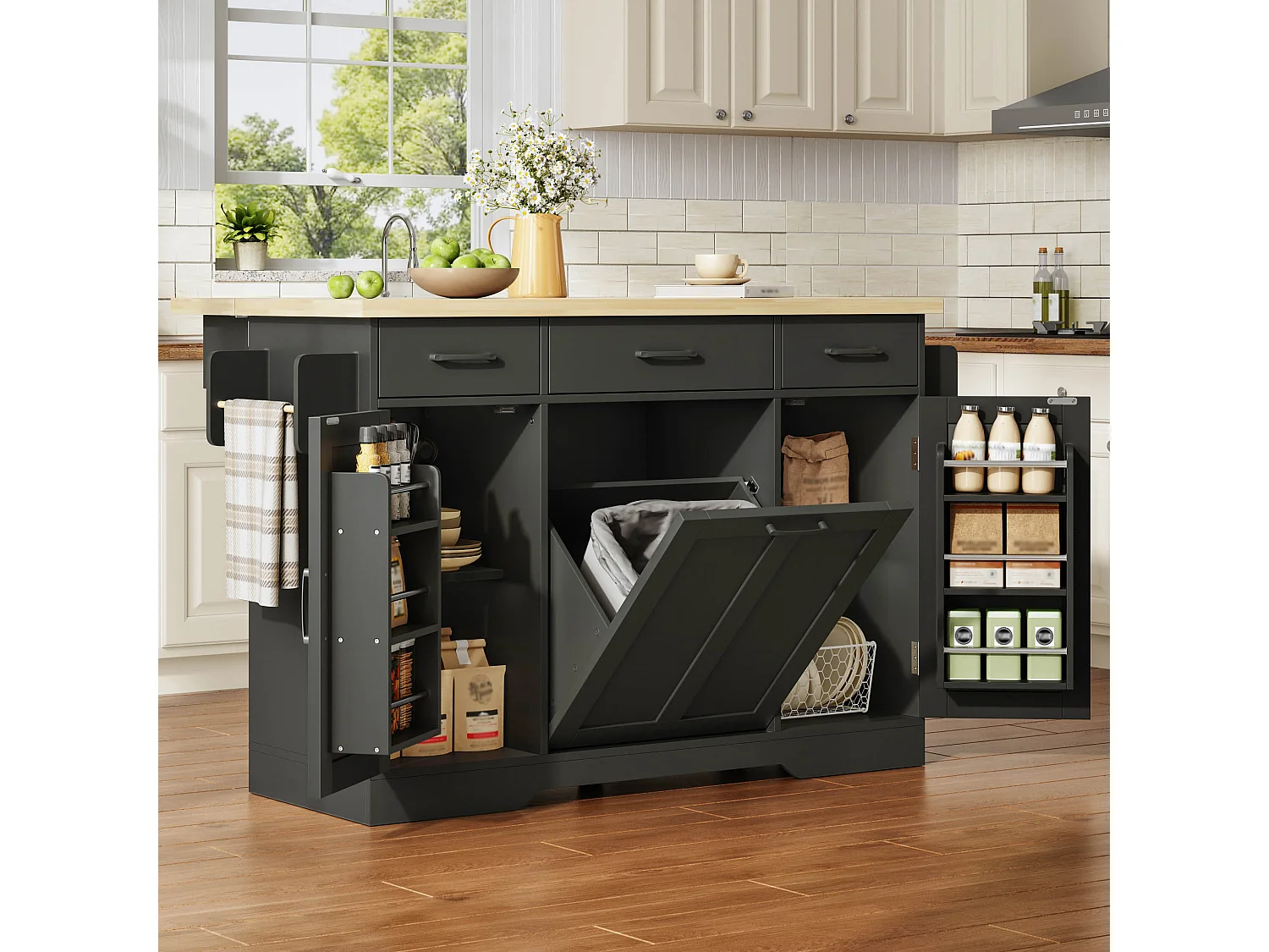 Îlot de cuisine mobile - 120 x 45/70 x 87 cm - avec plateau rabattable + tiroirs et portes - MDF - noir
