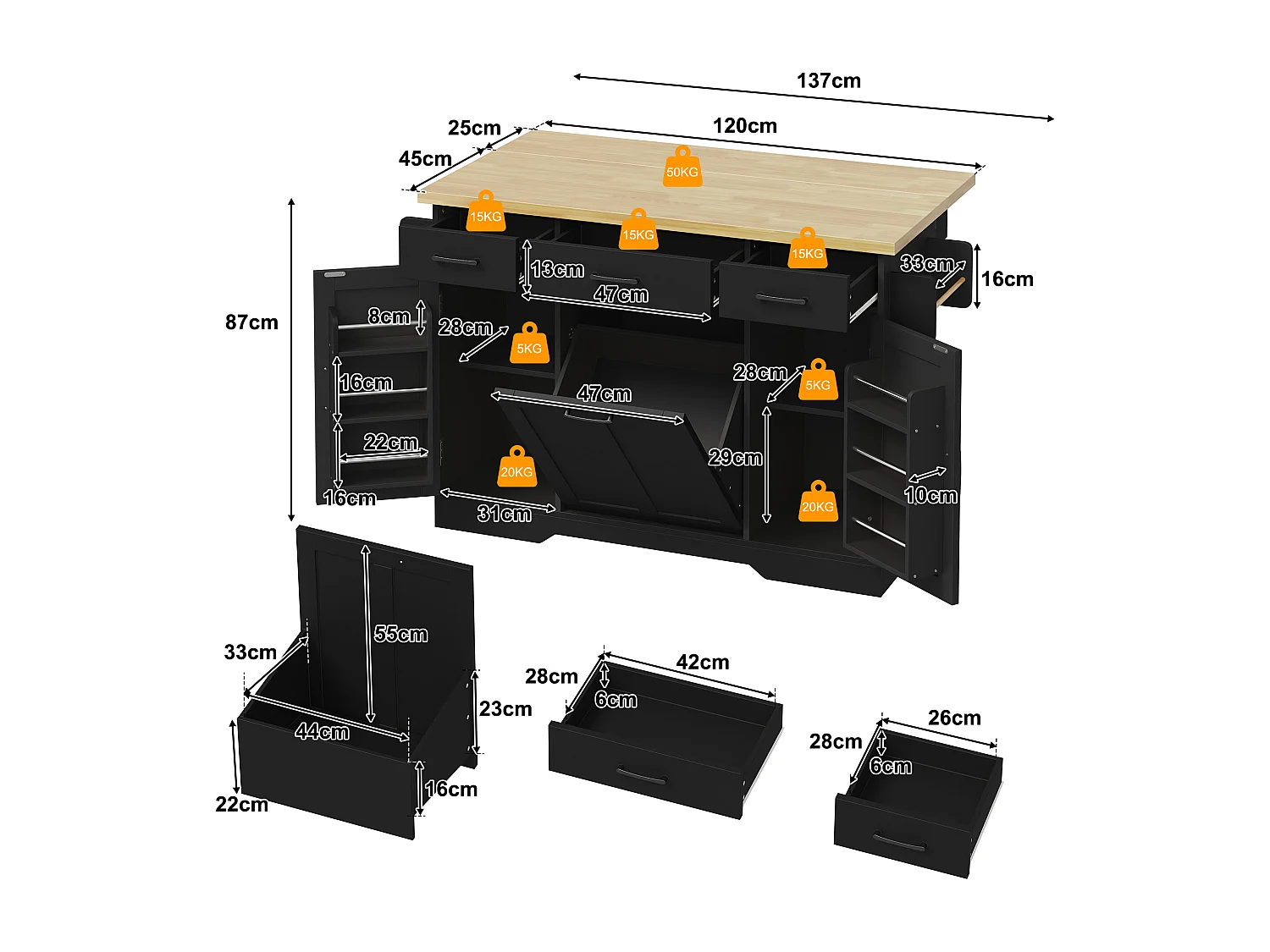 Îlot de cuisine mobile - 120 x 45/70 x 87 cm - avec plateau rabattable + tiroirs et portes - MDF - noir