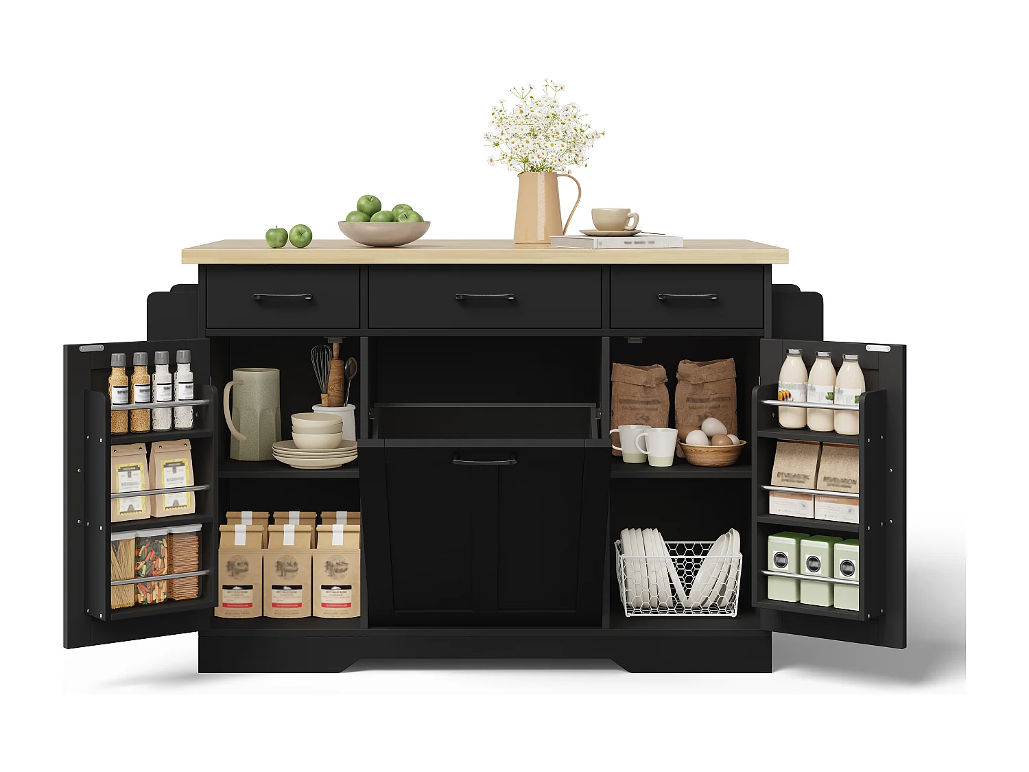 Îlot de cuisine mobile - 120 x 45/70 x 87 cm - avec plateau rabattable + tiroirs et portes - MDF - noir