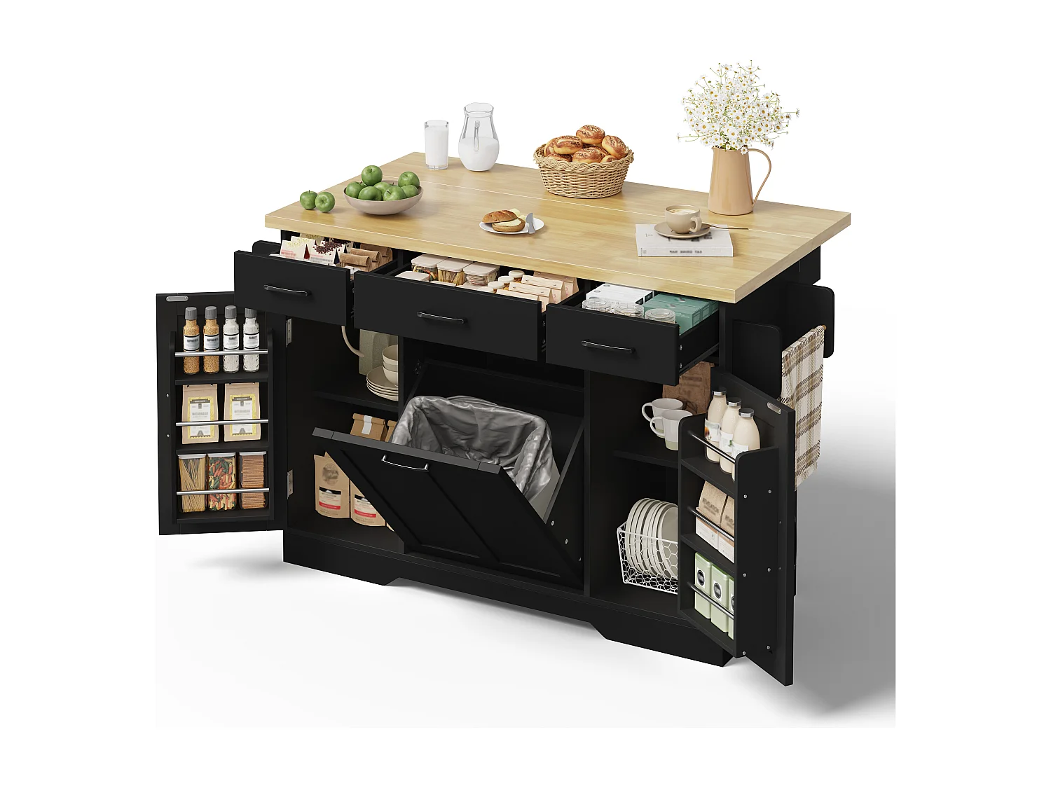Îlot de cuisine mobile - 120 x 45/70 x 87 cm - avec plateau rabattable + tiroirs et portes - MDF - noir
