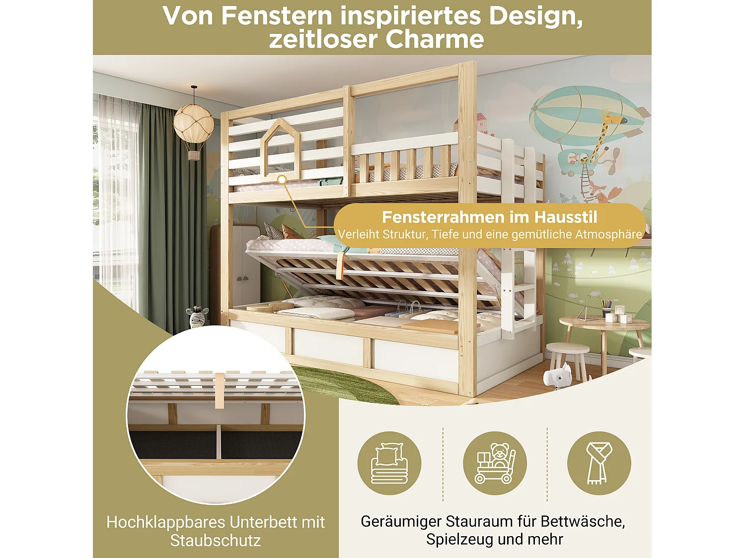 Kinderetagenbett – 2 x 90 x 200 cm – mit Sicherheitsgeländer und hydraulischem Stauraum – Holz – Natur + Weiß