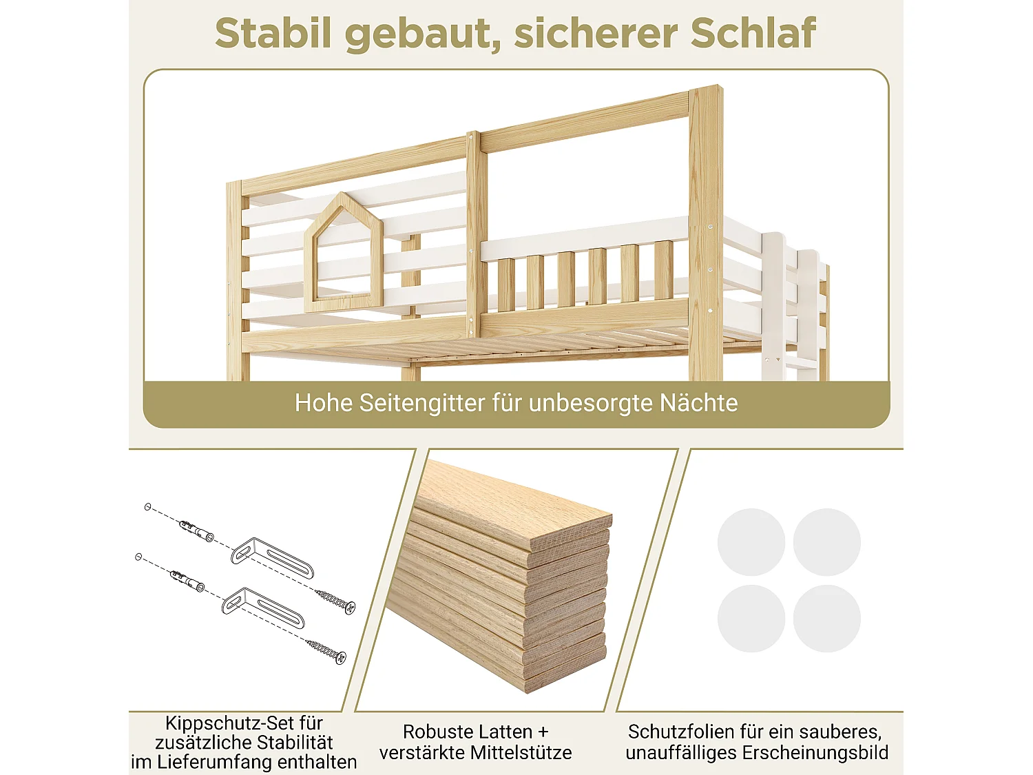 Kinderetagenbett – 2 x 90 x 200 cm – mit Sicherheitsgeländer und hydraulischem Stauraum – Holz – Natur + Weiß