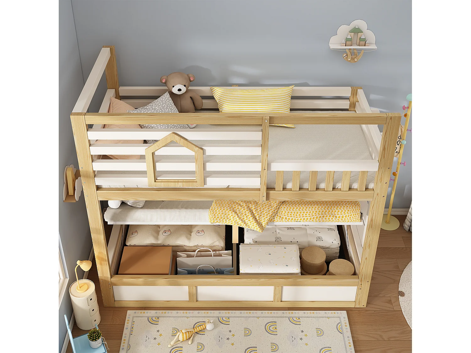 Kinderetagenbett – 2 x 90 x 200 cm – mit Sicherheitsgeländer und hydraulischem Stauraum – Holz – Natur + Weiß