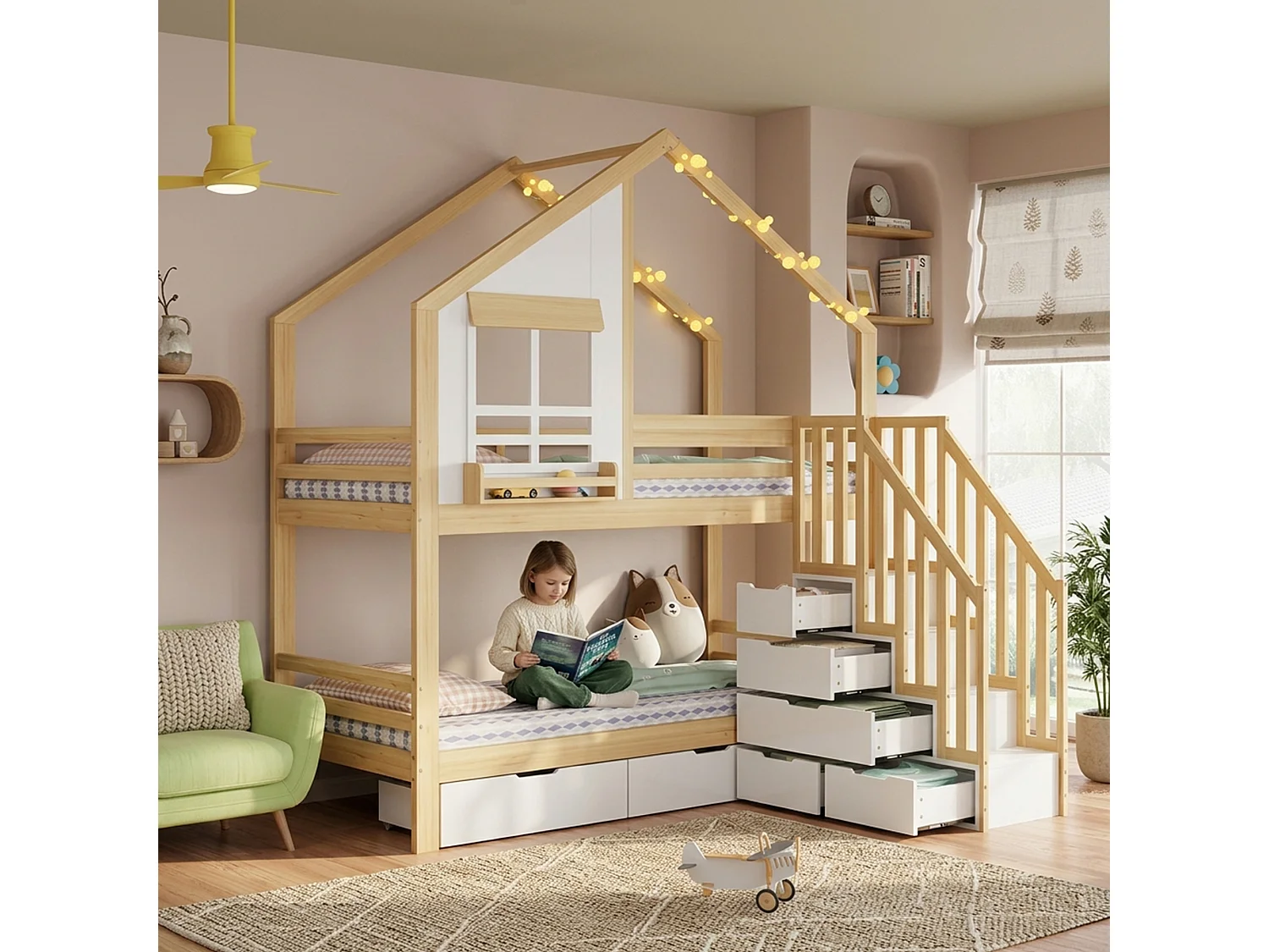Barnsäng - 2 x 90 x 200 cm - med lådor + fönster + förvaringsstege - furu + MDF - vit och naturfärgad
