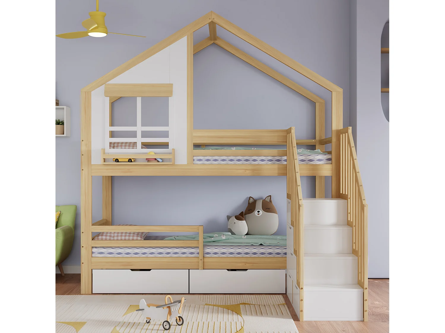 Barnsäng - 2 x 90 x 200 cm - med lådor + fönster + förvaringsstege - furu + MDF - vit och naturfärgad