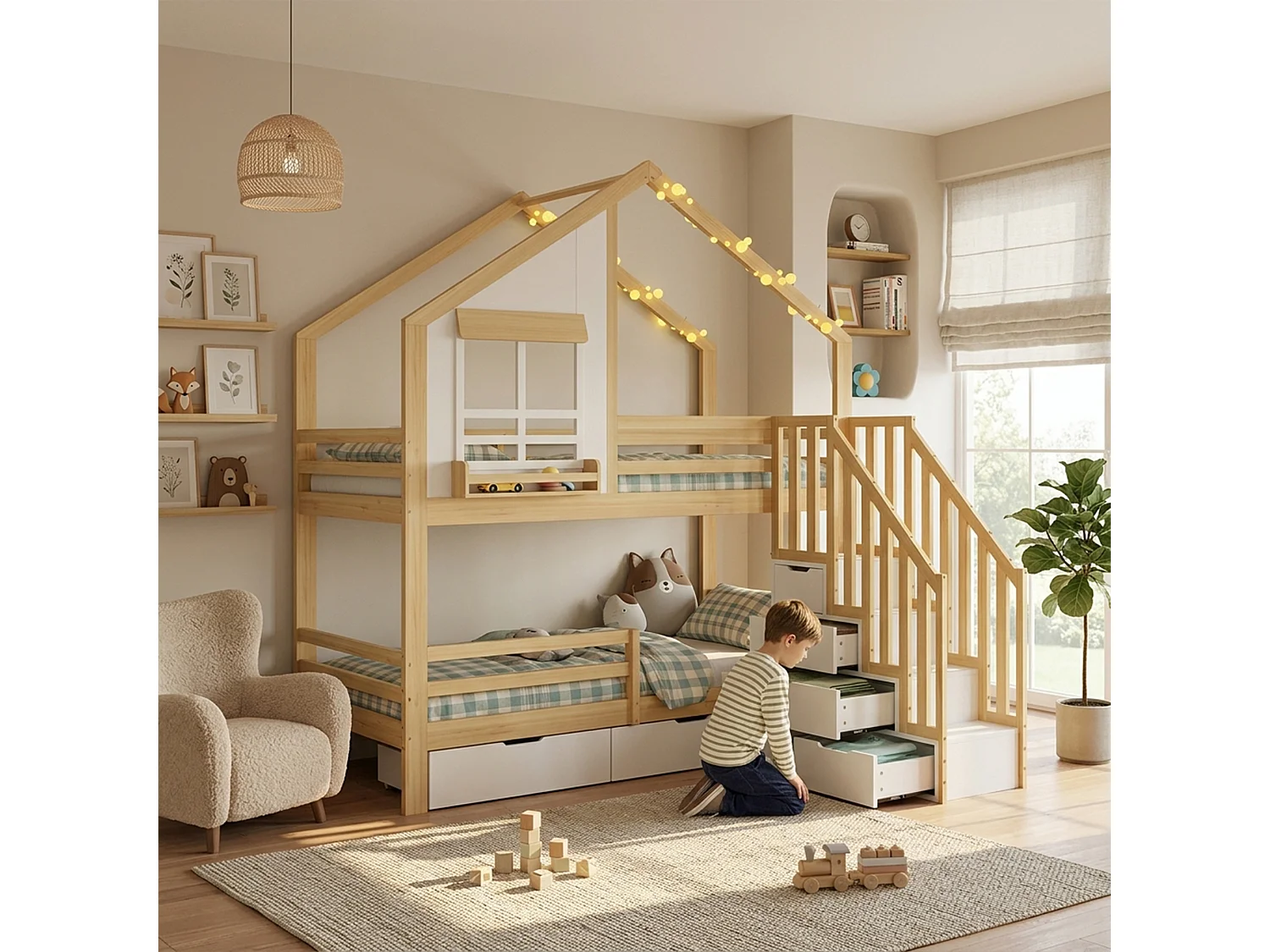 Barnsäng - 2 x 90 x 200 cm - med lådor + fönster + förvaringsstege - furu + MDF - vit och naturfärgad