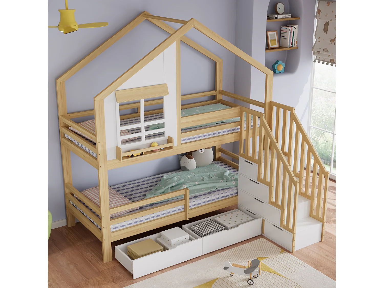Barnsäng - 2 x 90 x 200 cm - med lådor + fönster + förvaringsstege - furu + MDF - vit och naturfärgad