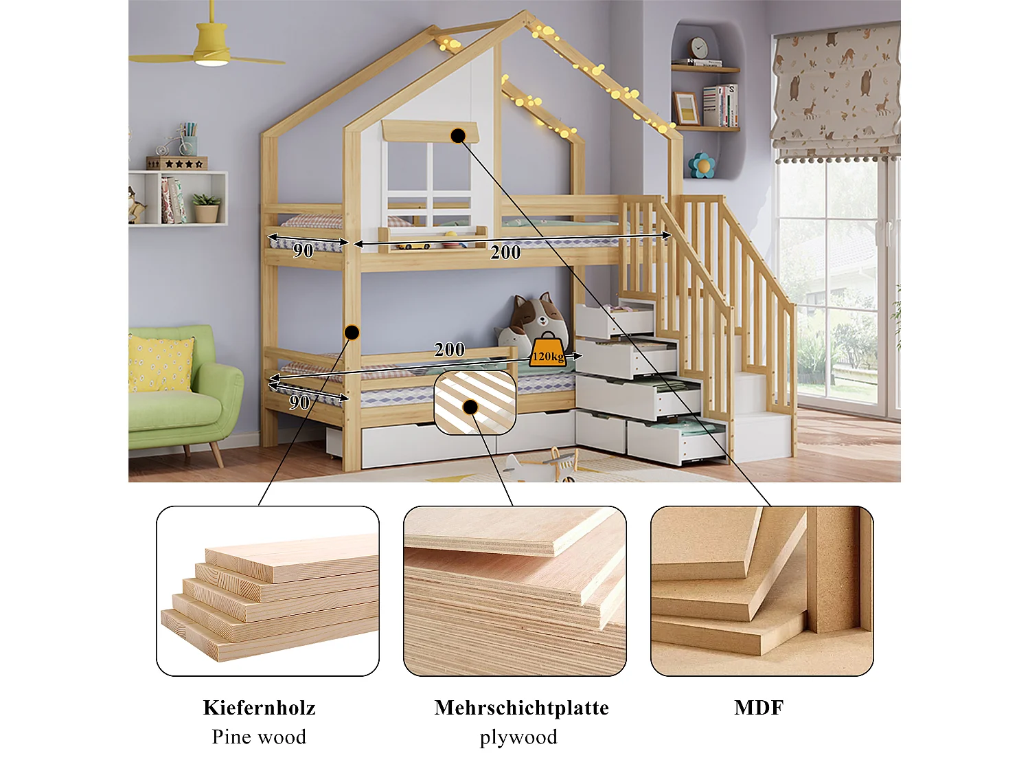 Barnsäng - 2 x 90 x 200 cm - med lådor + fönster + förvaringsstege - furu + MDF - vit och naturfärgad