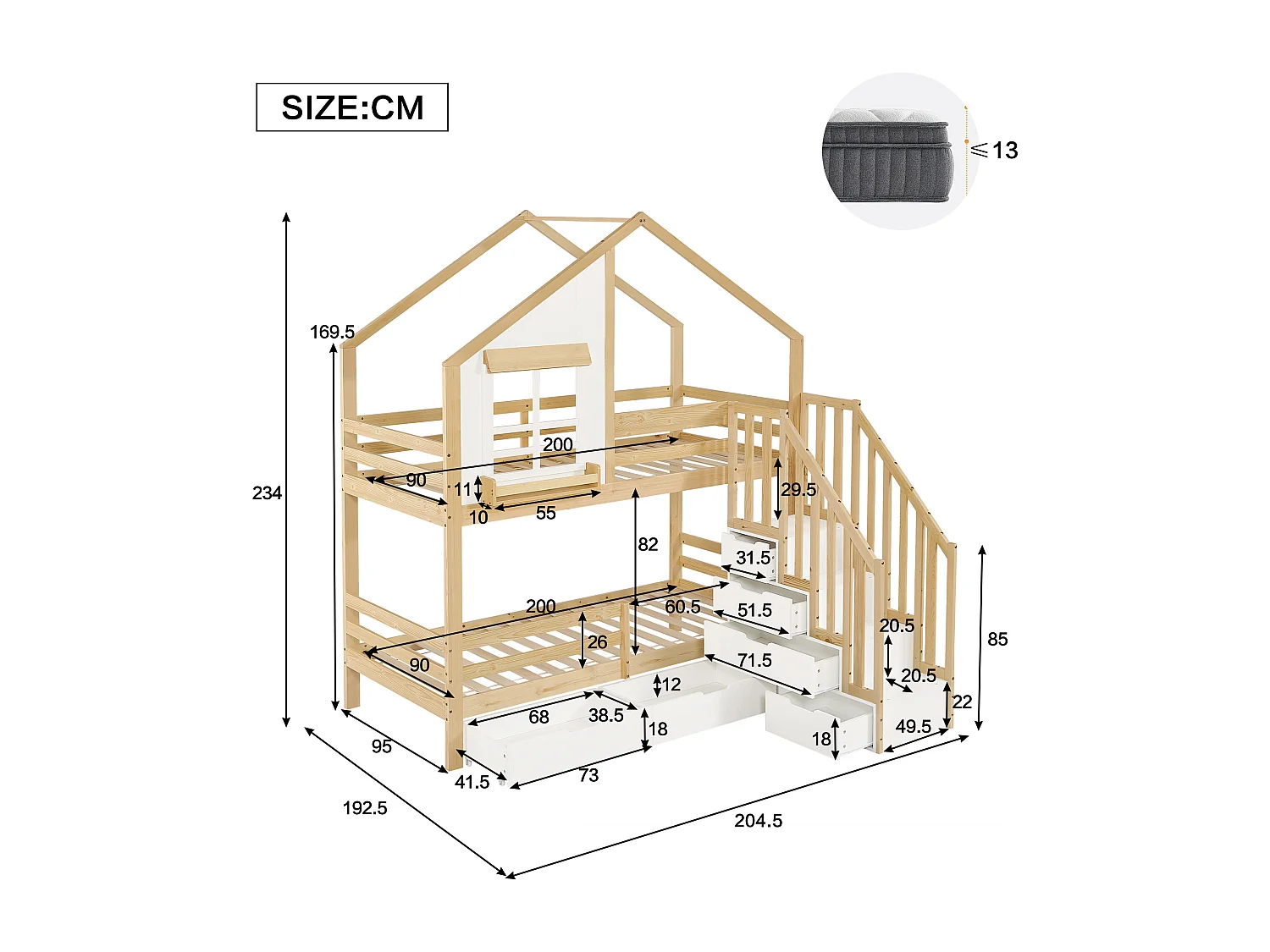 Barnsäng - 2 x 90 x 200 cm - med lådor + fönster + förvaringsstege - furu + MDF - vit och naturfärgad