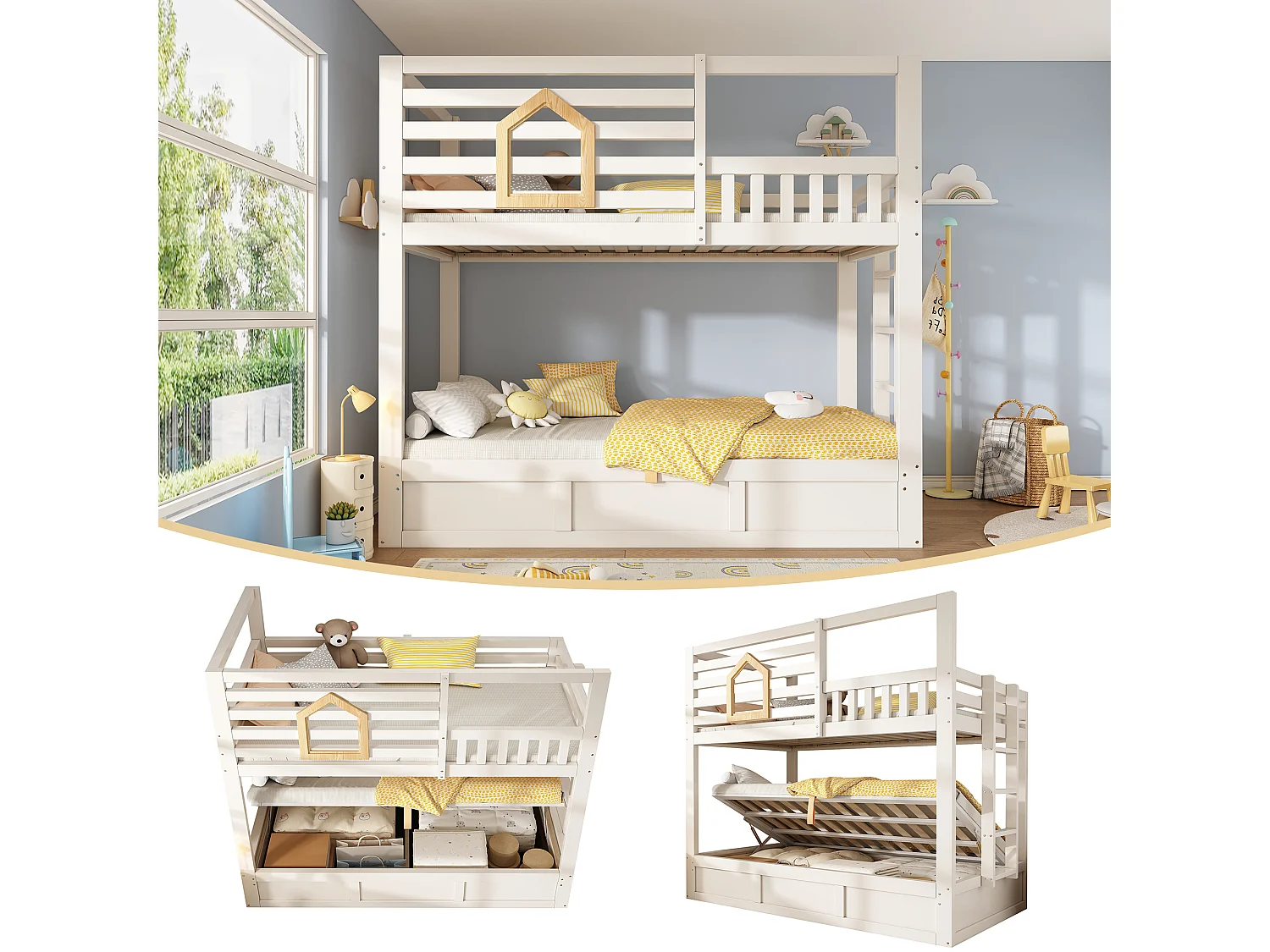 Children's bunk bed - 2 x 90 x 190 cm - with safety rail + hydraulic storage - wood - natural + white