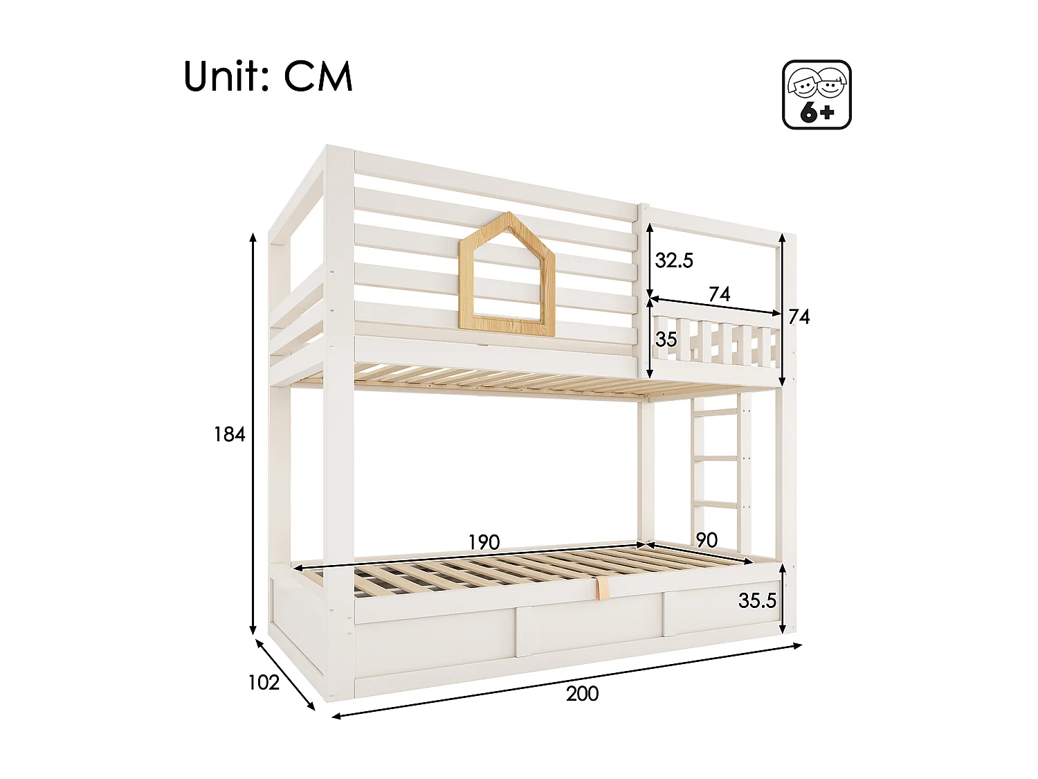 Children's bunk bed - 2 x 90 x 190 cm - with safety rail + hydraulic storage - wood - natural + white