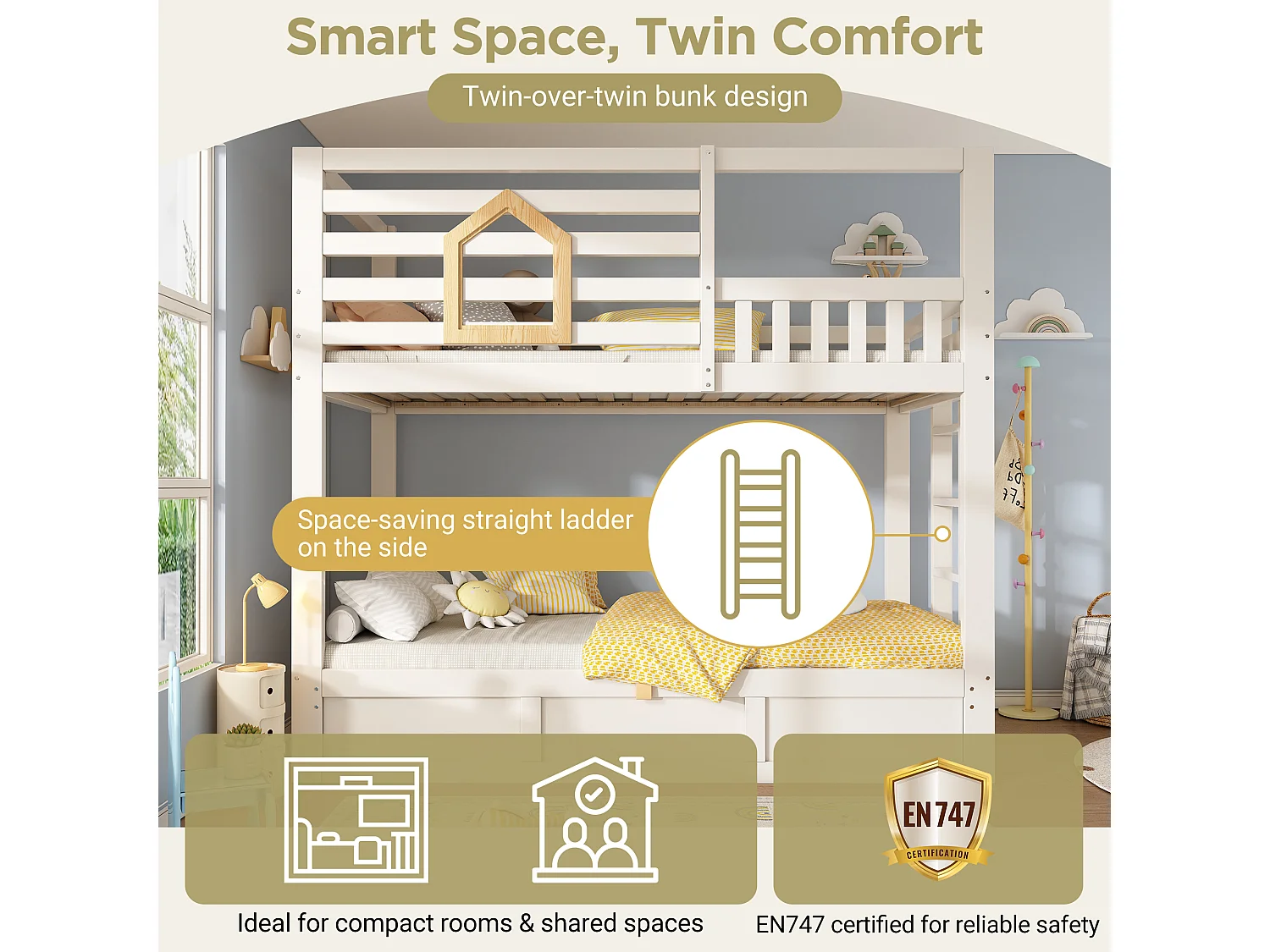 Children's bunk bed - 2 x 90 x 190 cm - with safety rail + hydraulic storage - wood - natural + white