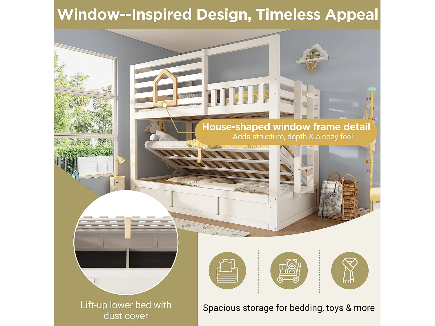 Children's bunk bed - 2 x 90 x 190 cm - with safety rail + hydraulic storage - wood - natural + white