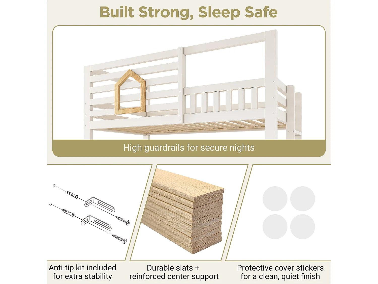 Children's bunk bed - 2 x 90 x 190 cm - with safety rail + hydraulic storage - wood - natural + white