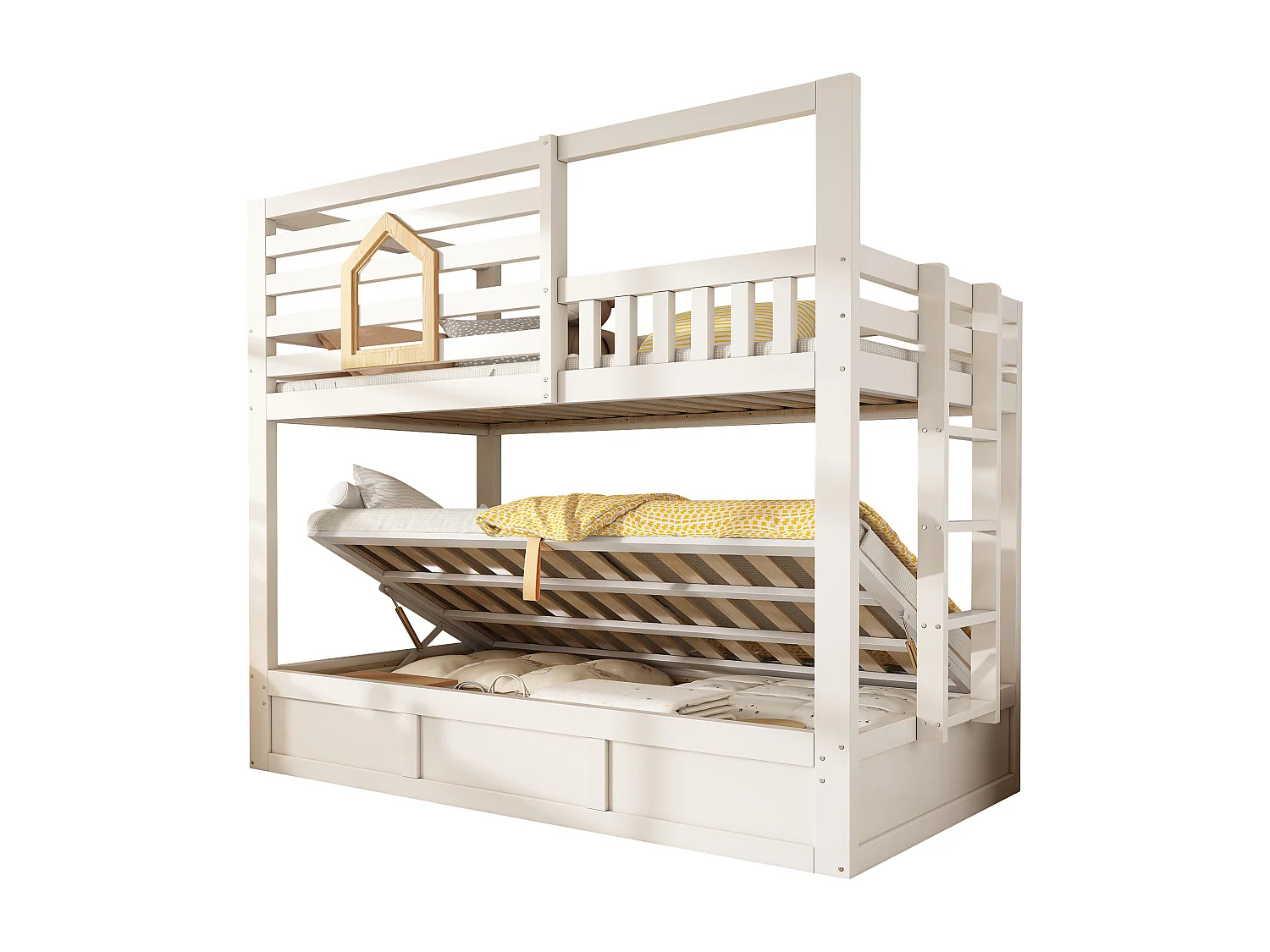 Children's bunk bed - 2 x 90 x 190 cm - with safety rail + hydraulic storage - wood - natural + white