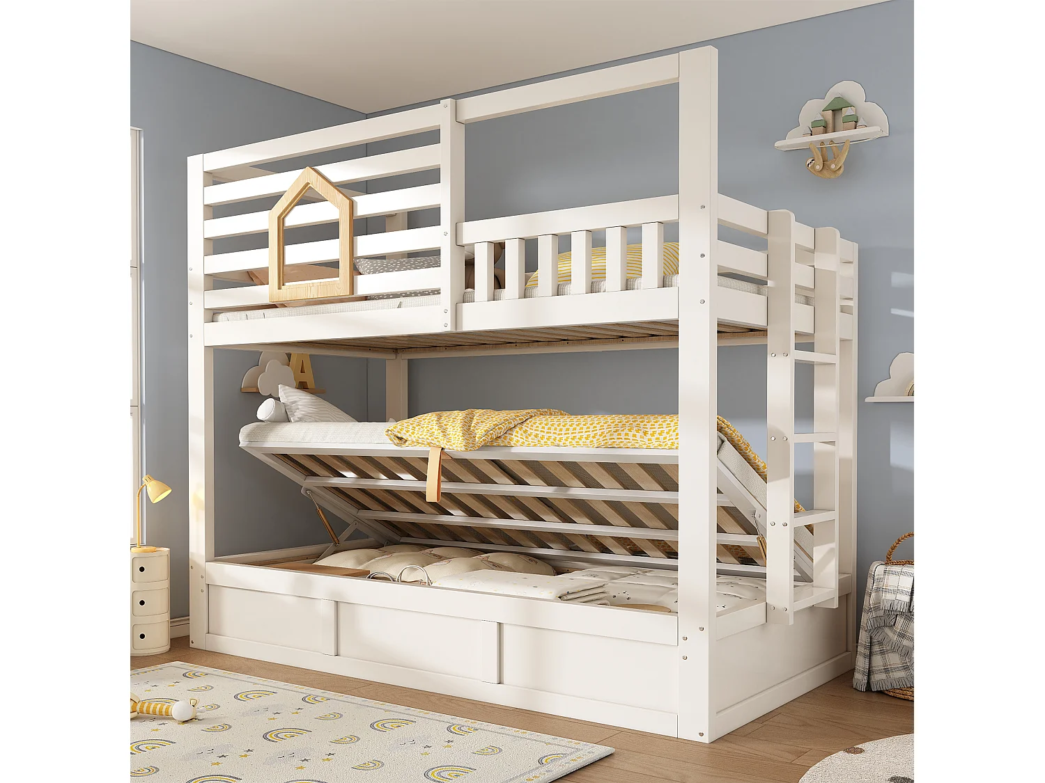 Children's bunk bed - 2 x 90 x 190 cm - with safety rail + hydraulic storage - wood - natural + white