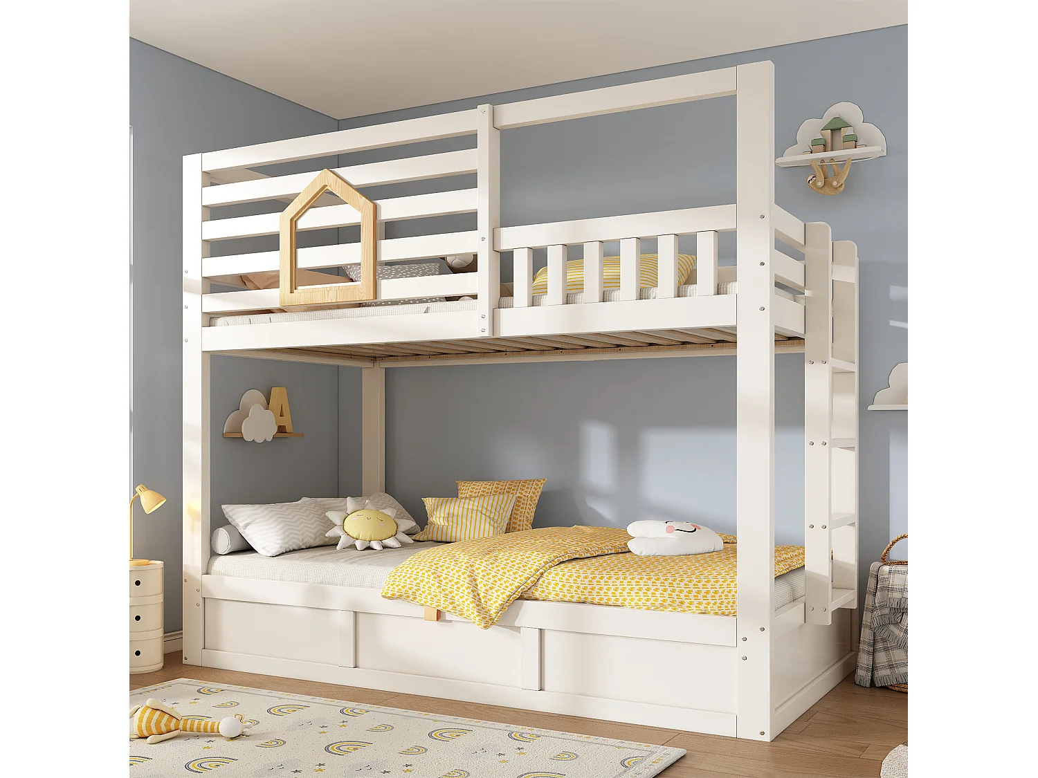 Children's bunk bed - 2 x 90 x 190 cm - with safety rail + hydraulic storage - wood - natural + white