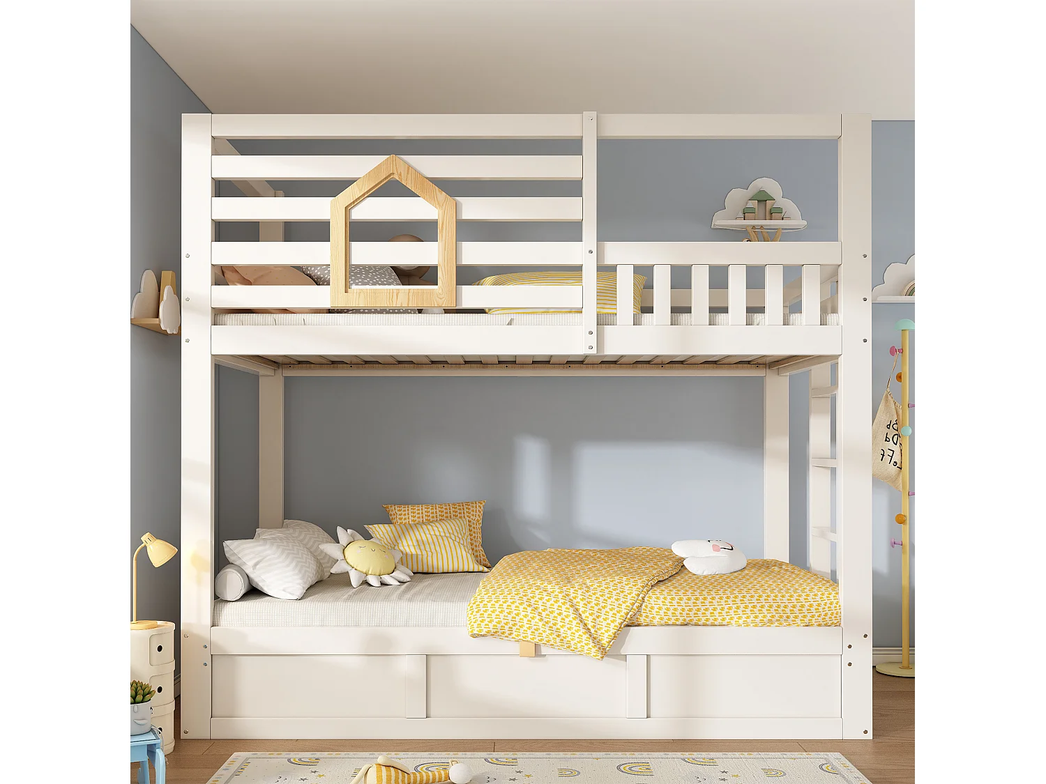 Children's bunk bed - 2 x 90 x 190 cm - with safety rail + hydraulic storage - wood - natural + white
