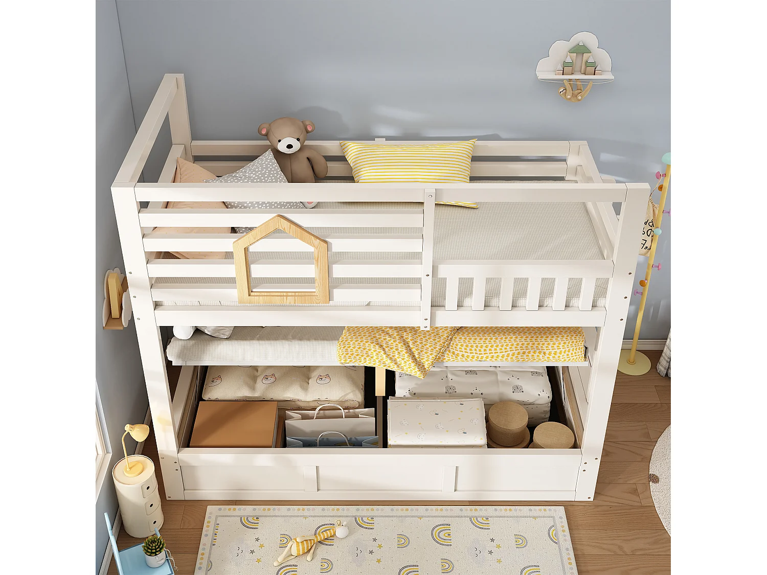 Children's bunk bed - 2 x 90 x 190 cm - with safety rail + hydraulic storage - wood - natural + white