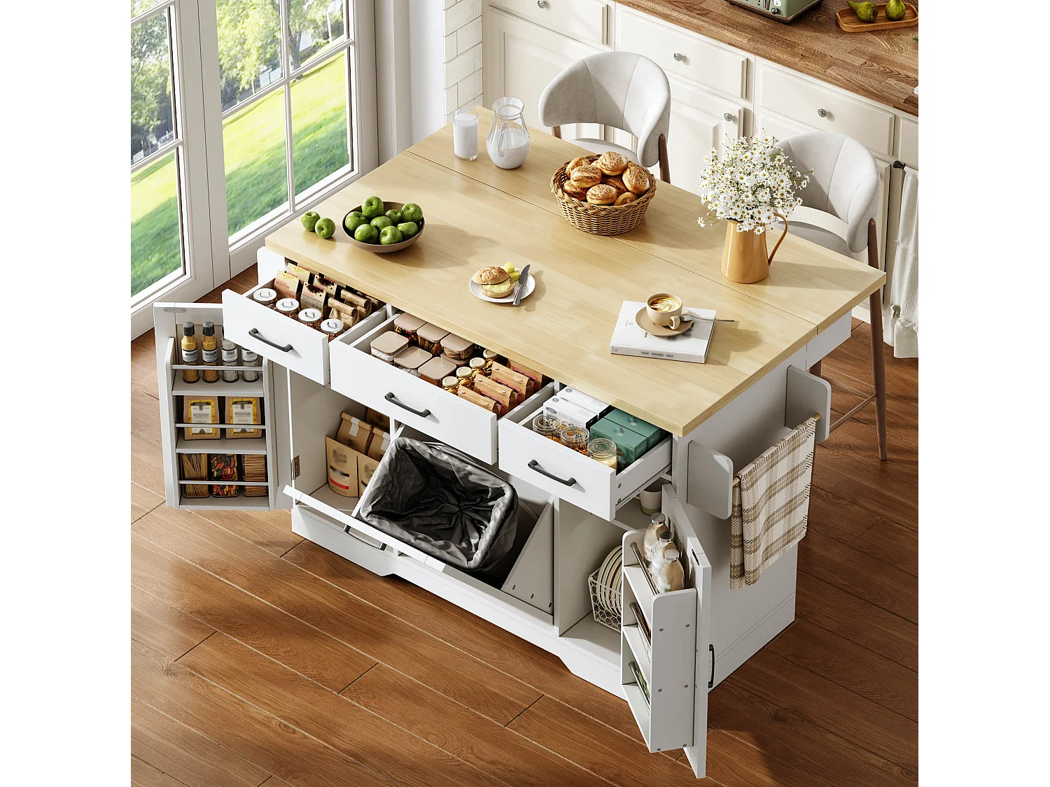 Îlot de cuisine mobile - 120 x 45/70 x 87 cm - avec plateau rabattable + tiroirs et portes - MDF - blanc
