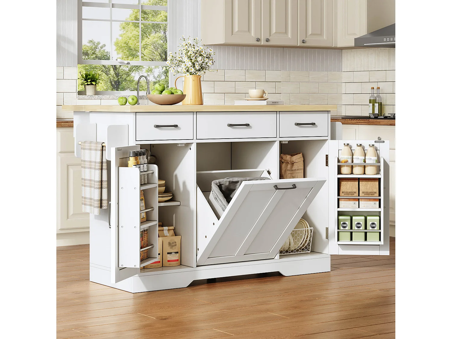 Îlot de cuisine mobile - 120 x 45/70 x 87 cm - avec plateau rabattable + tiroirs et portes - MDF - blanc