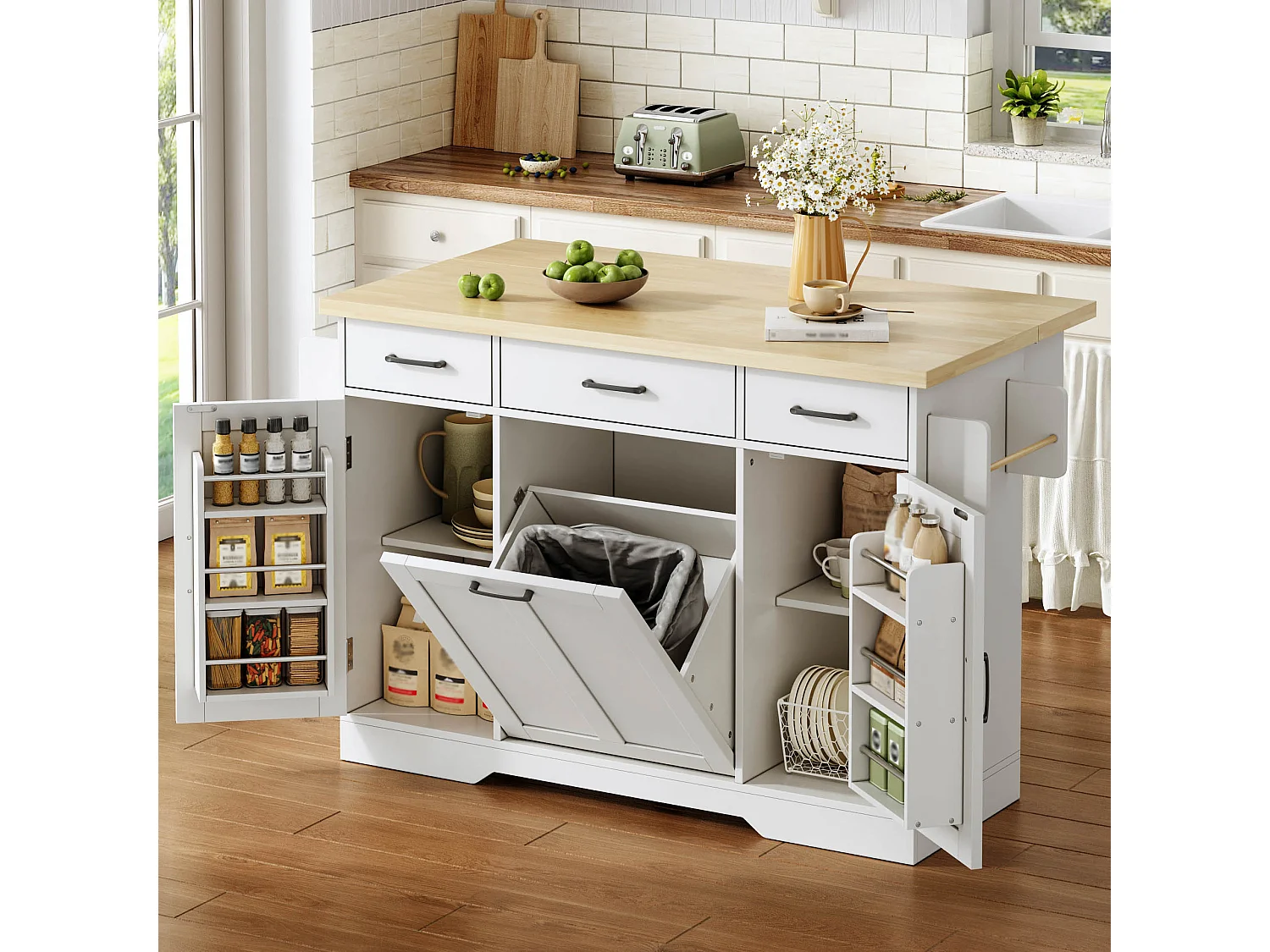 Îlot de cuisine mobile - 120 x 45/70 x 87 cm - avec plateau rabattable + tiroirs et portes - MDF - blanc