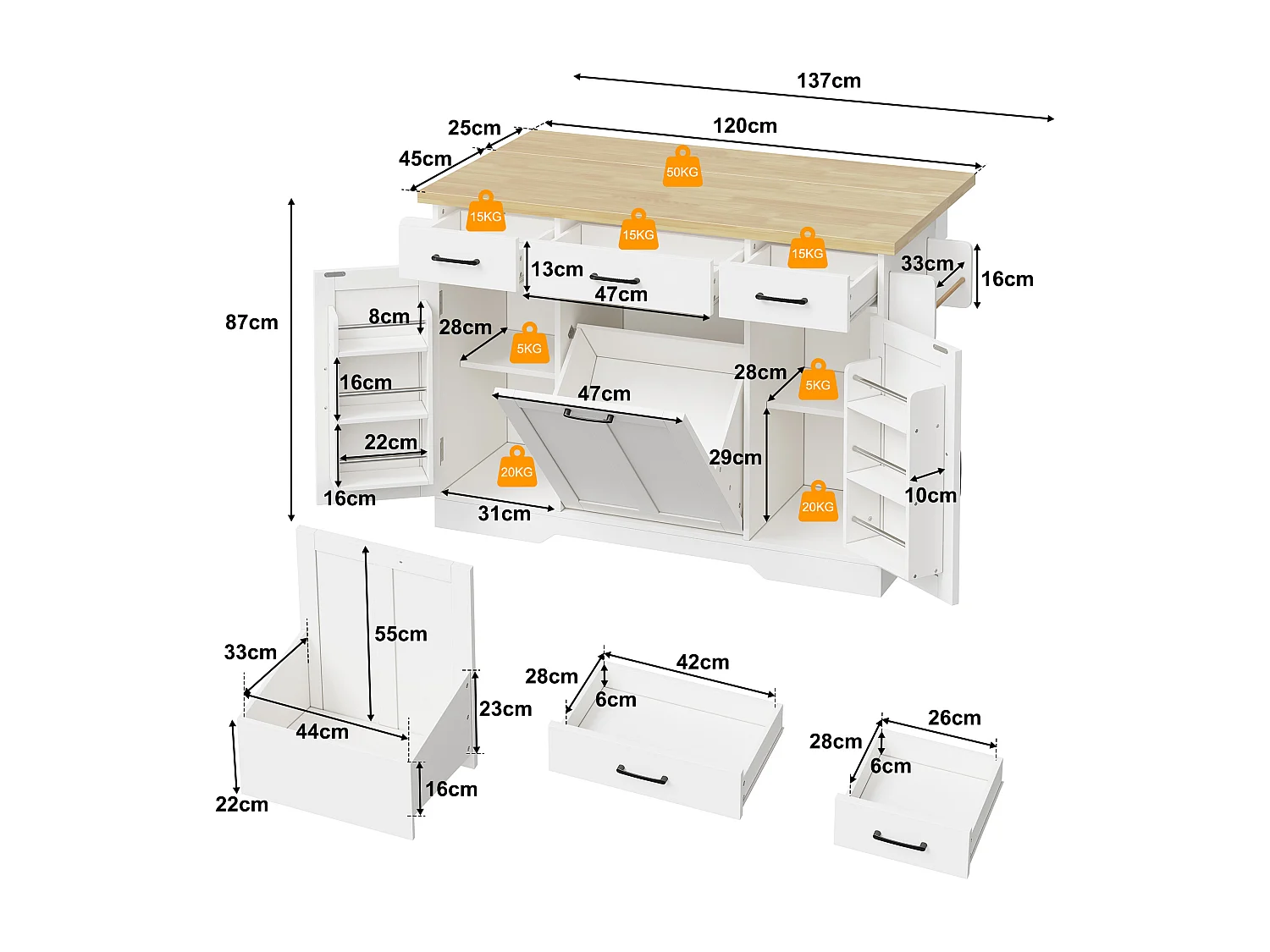 Îlot de cuisine mobile - 120 x 45/70 x 87 cm - avec plateau rabattable + tiroirs et portes - MDF - blanc
