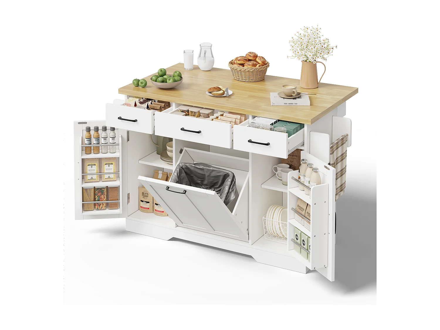 Îlot de cuisine mobile - 120 x 45/70 x 87 cm - avec plateau rabattable + tiroirs et portes - MDF - blanc