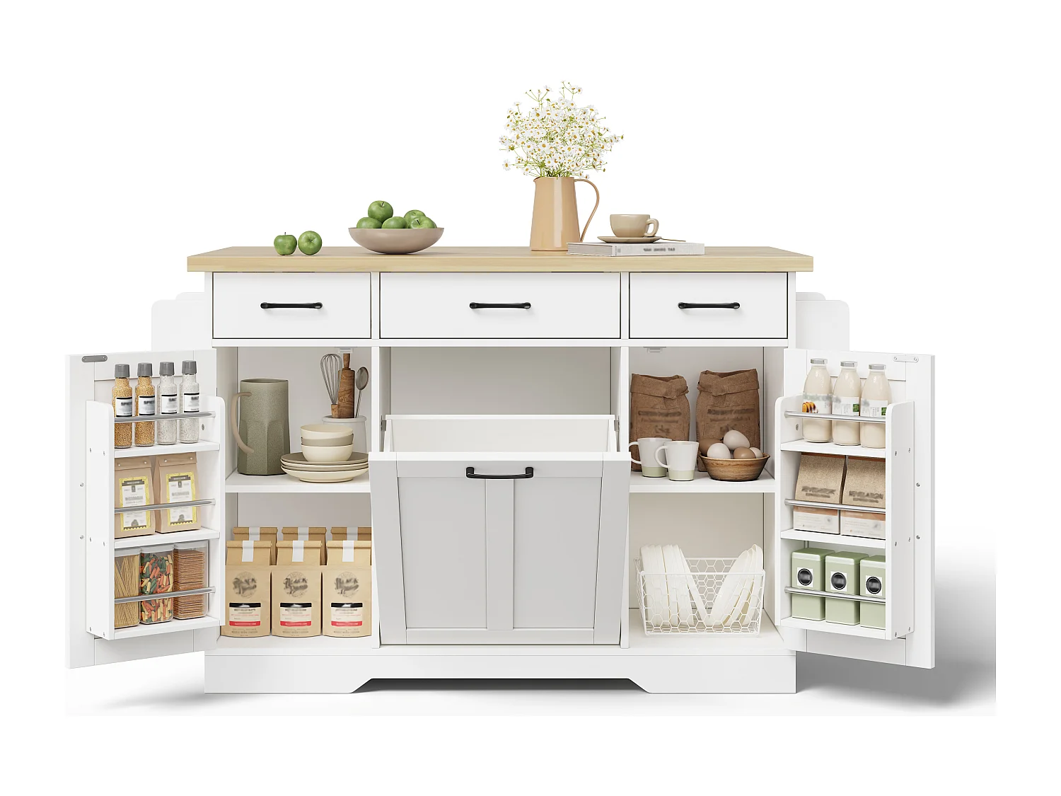 Îlot de cuisine mobile - 120 x 45/70 x 87 cm - avec plateau rabattable + tiroirs et portes - MDF - blanc