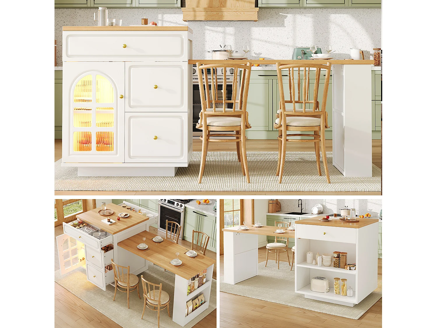 Îlot central plateau extensible - 122.5/195.5 x 59 x 93.5 cm - avec tiroirs + Leds + porte - MDF - blanc