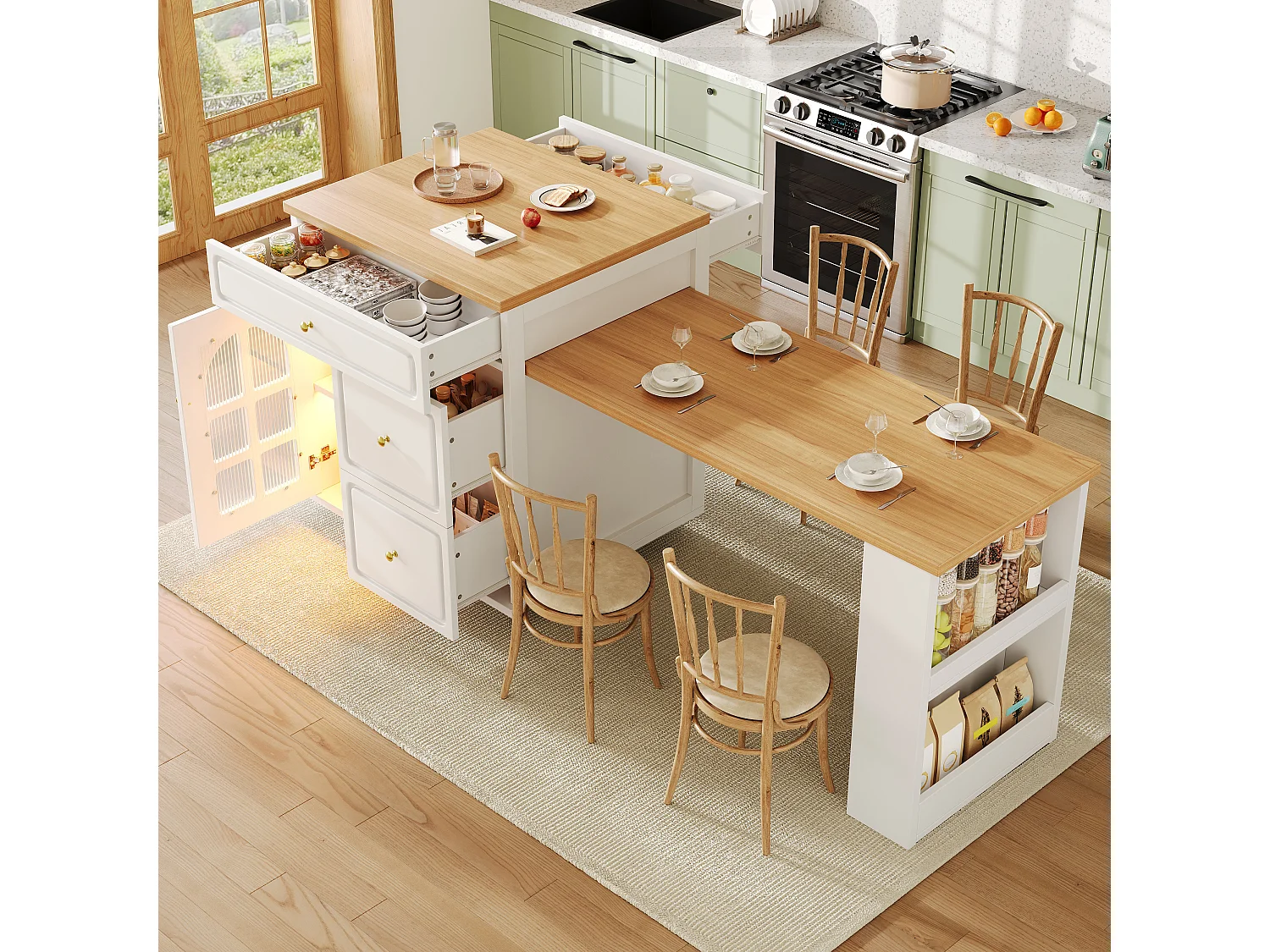 Îlot central plateau extensible - 122.5/195.5 x 59 x 93.5 cm - avec tiroirs + Leds + porte - MDF - blanc