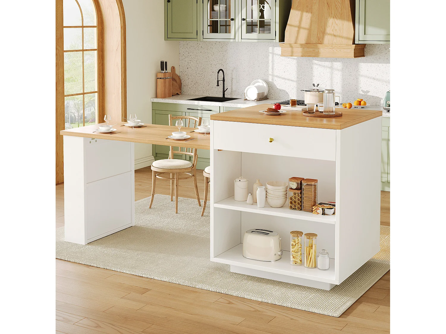 Îlot central plateau extensible - 122.5/195.5 x 59 x 93.5 cm - avec tiroirs + Leds + porte - MDF - blanc