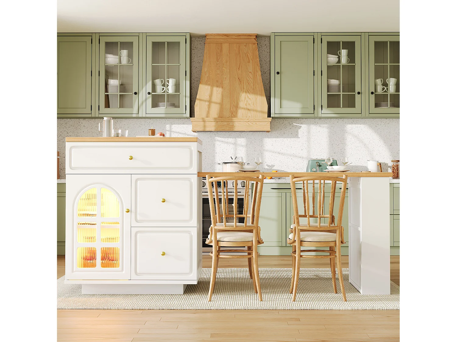 Îlot central plateau extensible - 122.5/195.5 x 59 x 93.5 cm - avec tiroirs + Leds + porte - MDF - blanc