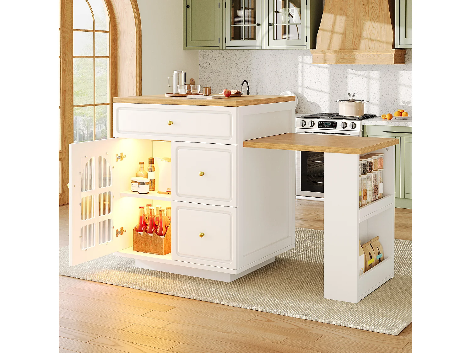 Îlot central plateau extensible - 122.5/195.5 x 59 x 93.5 cm - avec tiroirs + Leds + porte - MDF - blanc