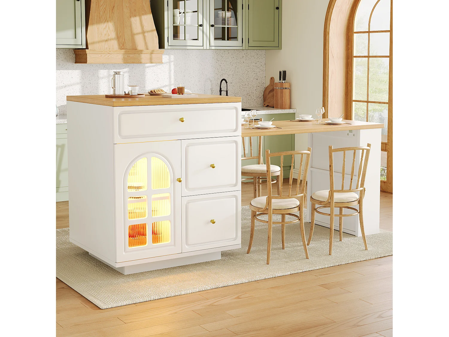 Îlot central plateau extensible - 122.5/195.5 x 59 x 93.5 cm - avec tiroirs + Leds + porte - MDF - blanc
